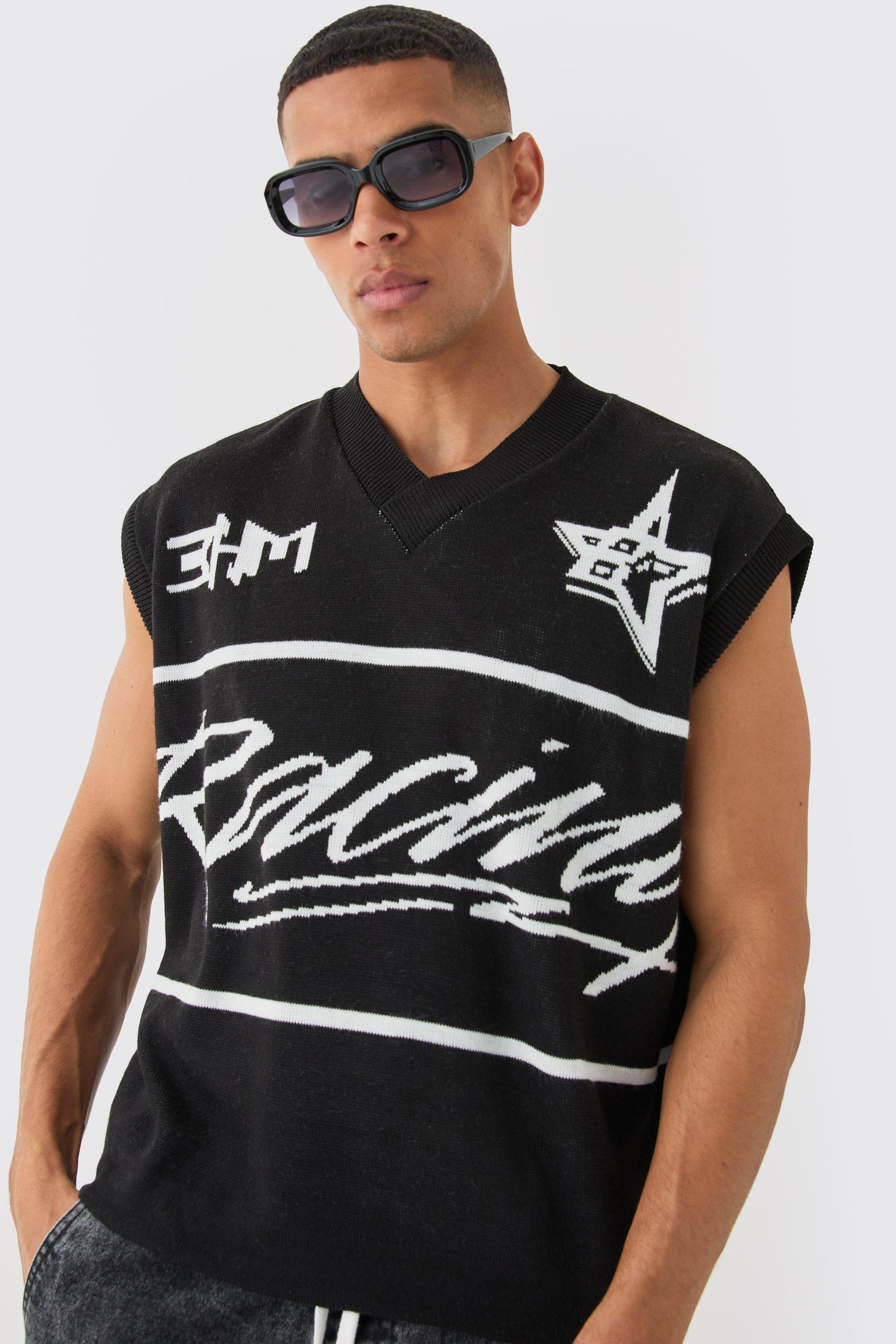 Mens Black Boxy Oversized Moto V Neck Vest, Black