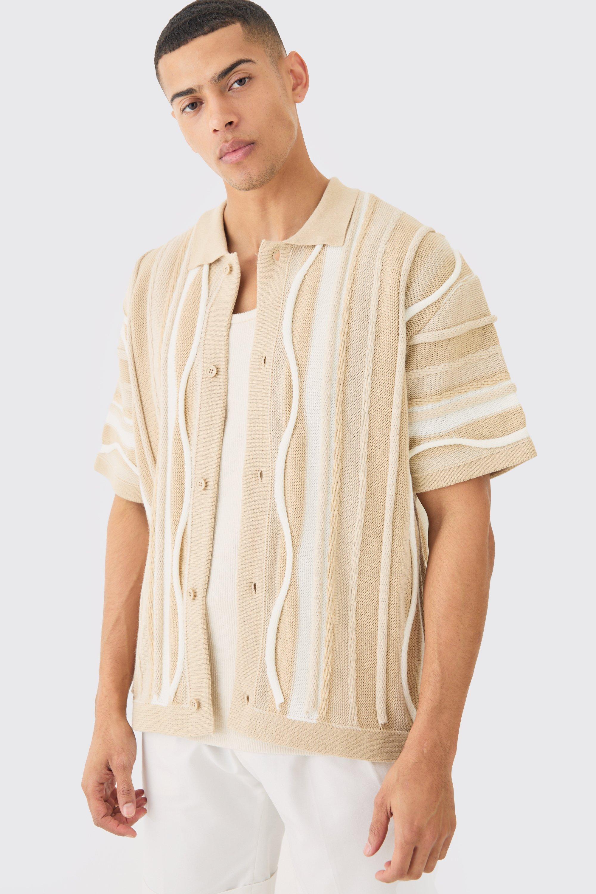 Camicia squadrata in maglia in jacquard in rilievo, Beige