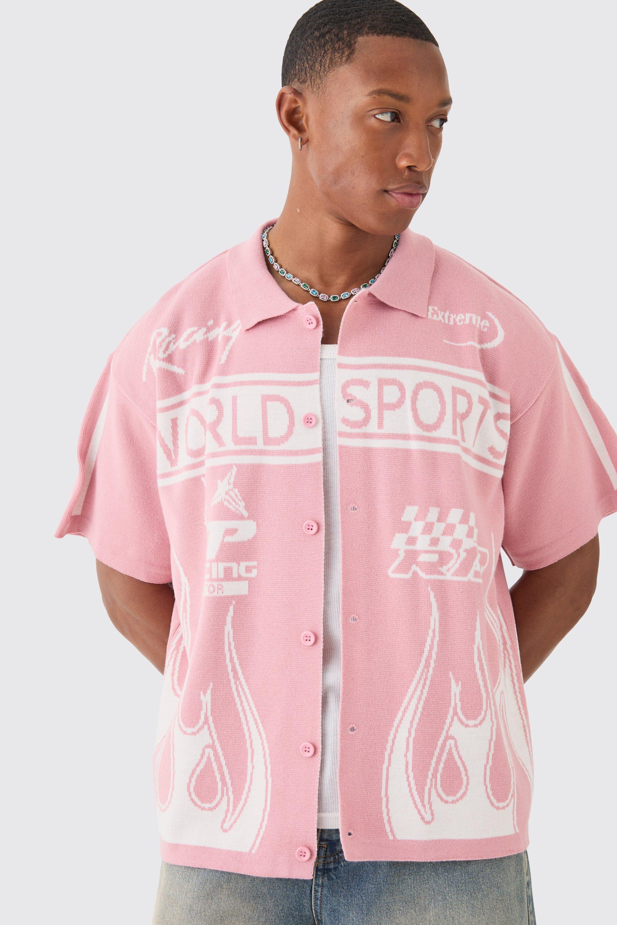 Image of Boxy Fit Knitted Moto Shirt, Pink