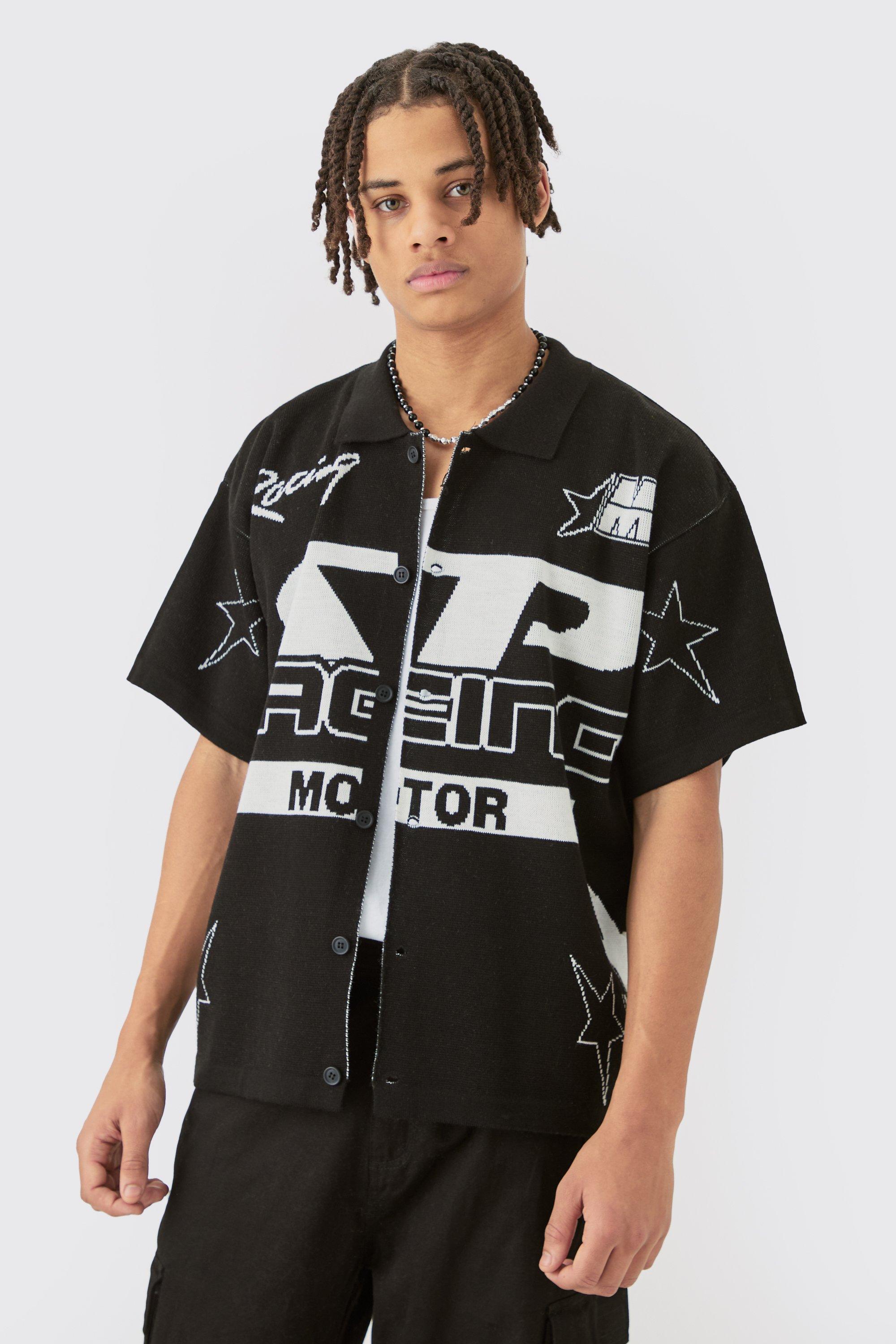 Image of Boxy Fit Knitted Moto Shirt, Nero