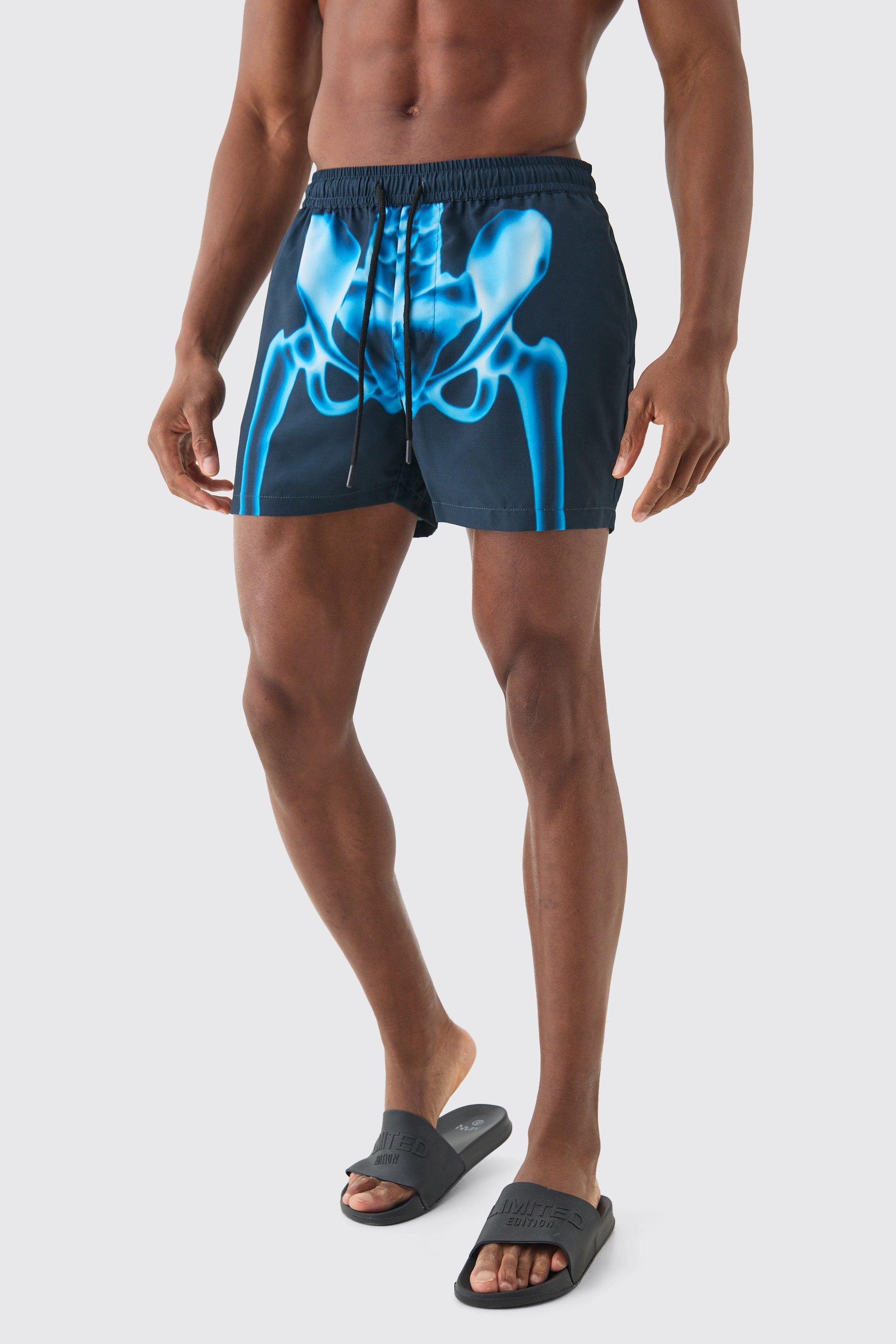 Mens Black Short Length Skeleton Graphic Swim Short, Black