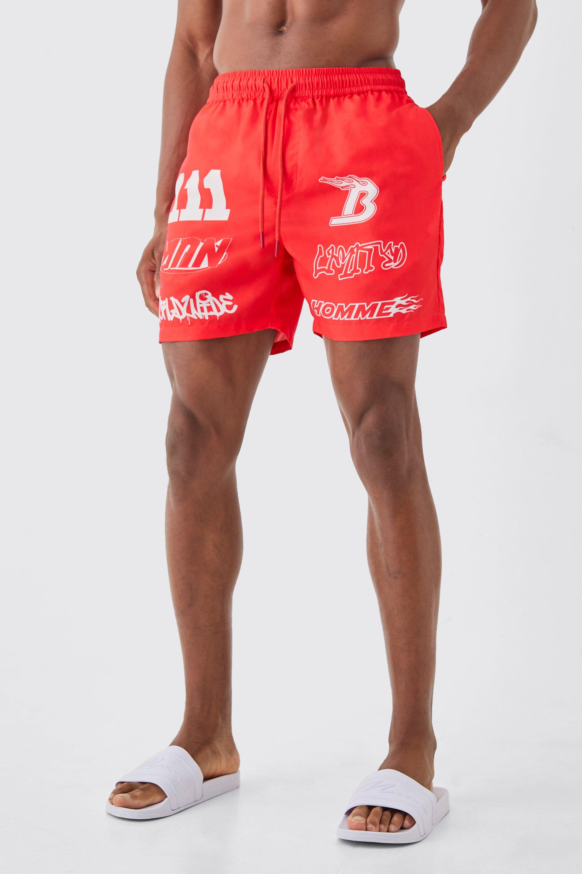 Mens Red Mid Length Moto Swim Short, Red