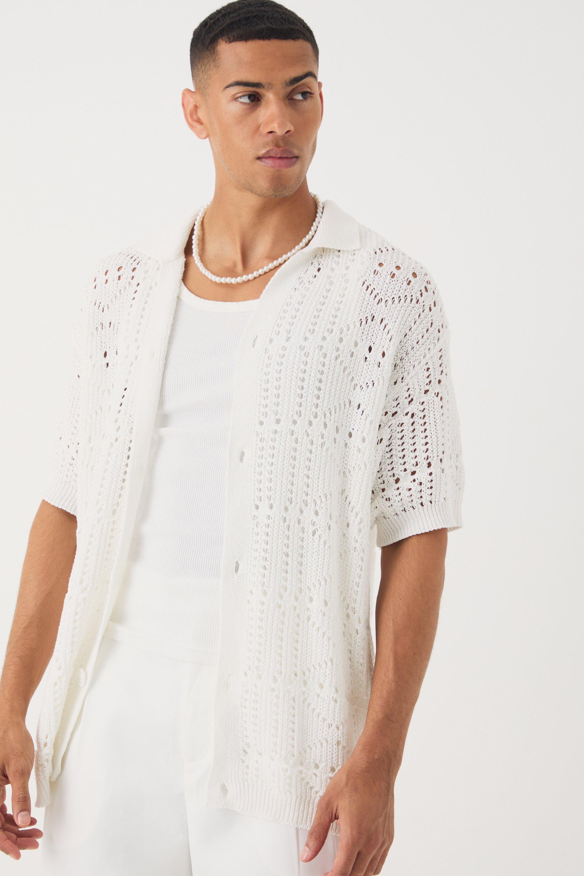 Camicia oversize in maglia traforata in bouclé con trama, Beige