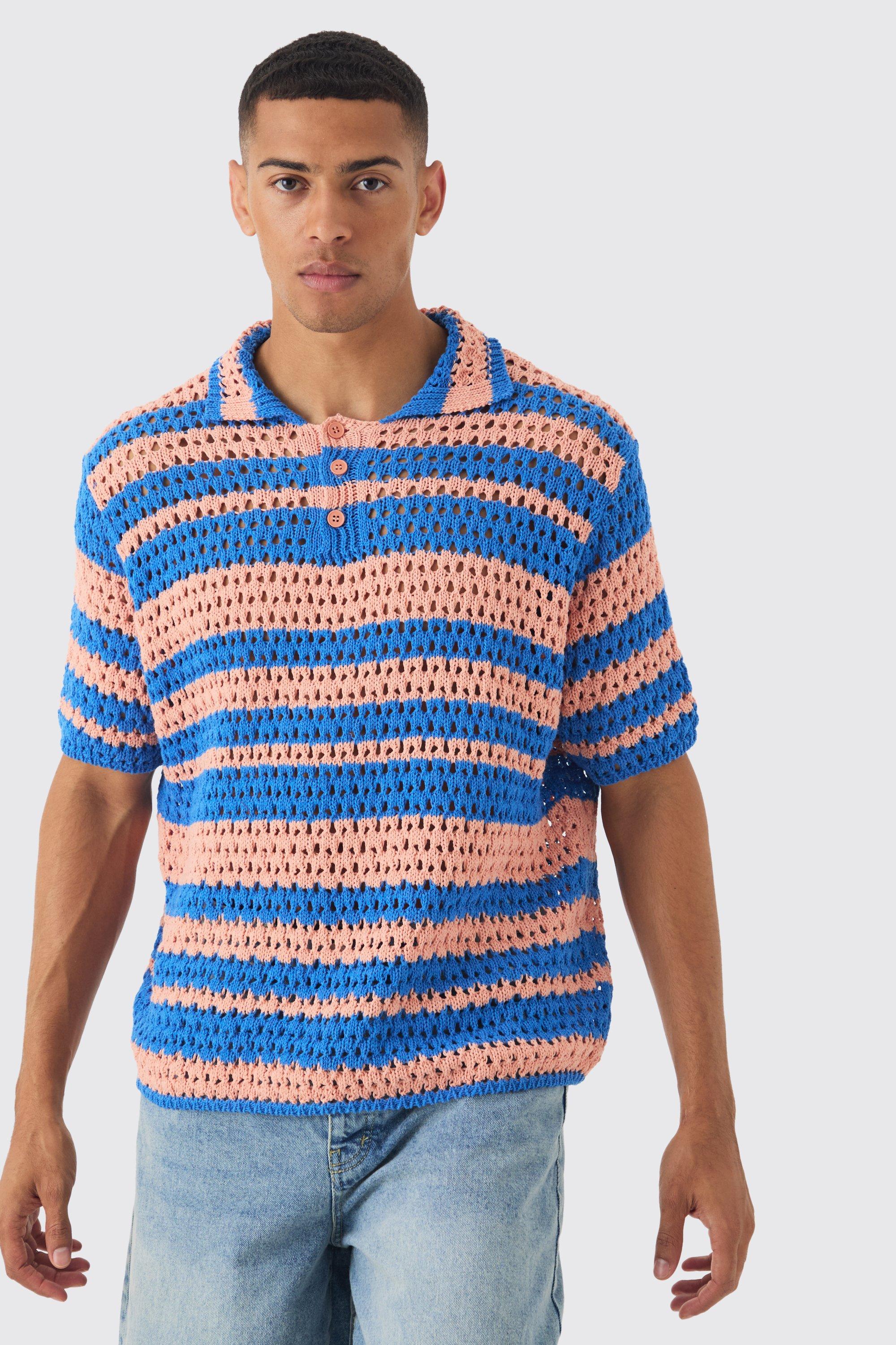 Polo squadrata oversize a righe traforate, Arancio