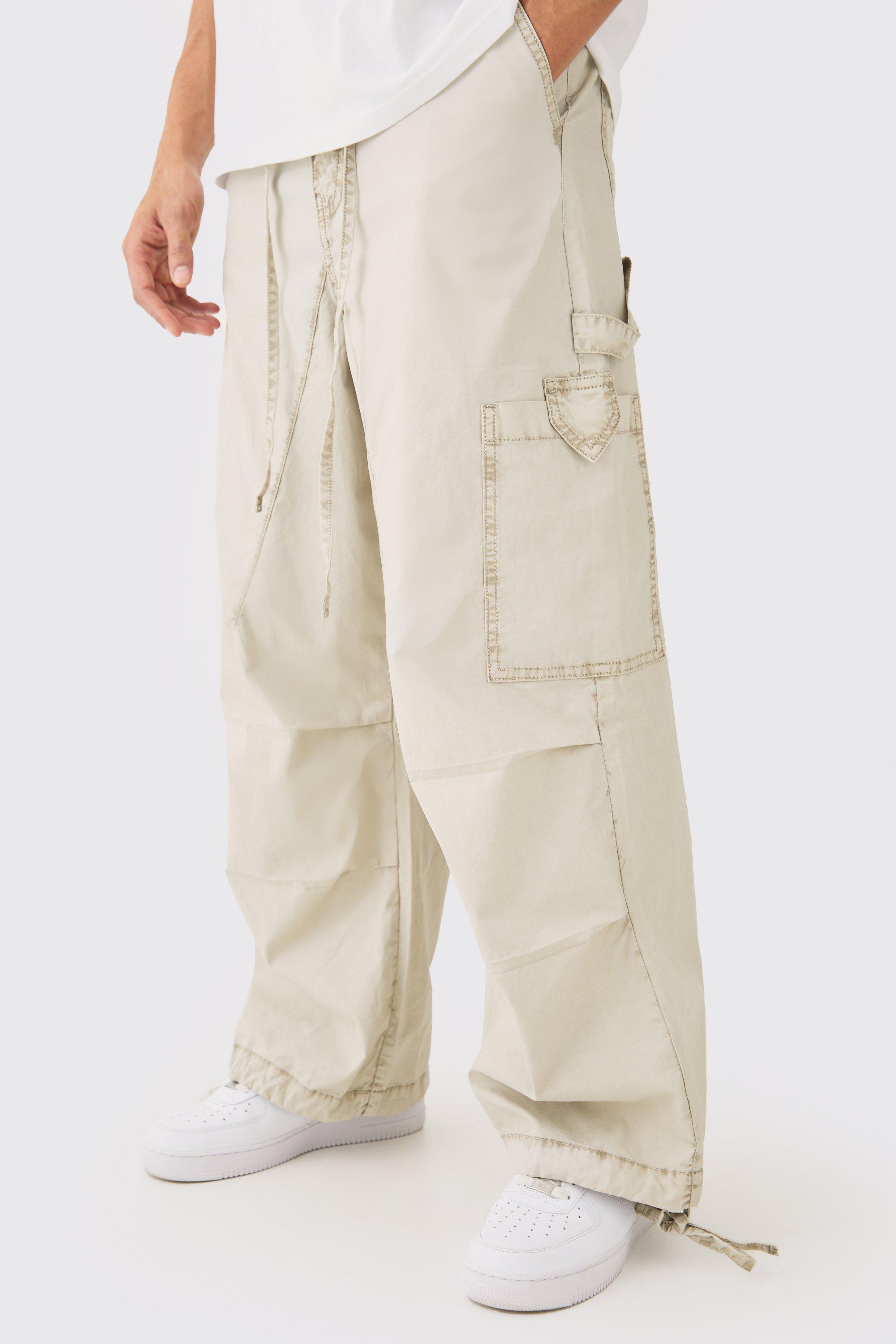 Mens Beige Fixed Waist Overdye Carpenter Parachute Trousers, Beige