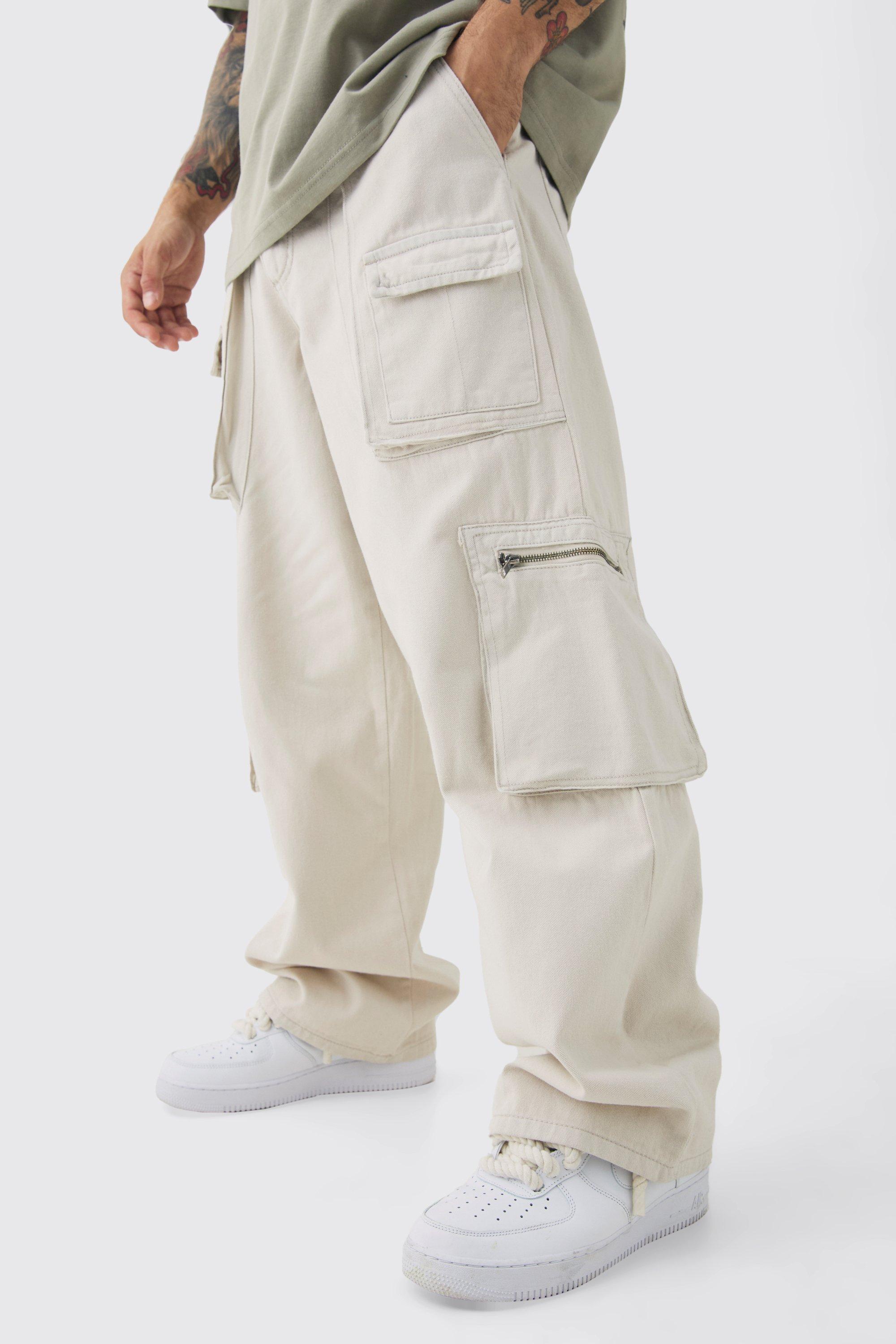 Mens Beige Fixed Waist Washed Baggy Cargo Trouser, Beige