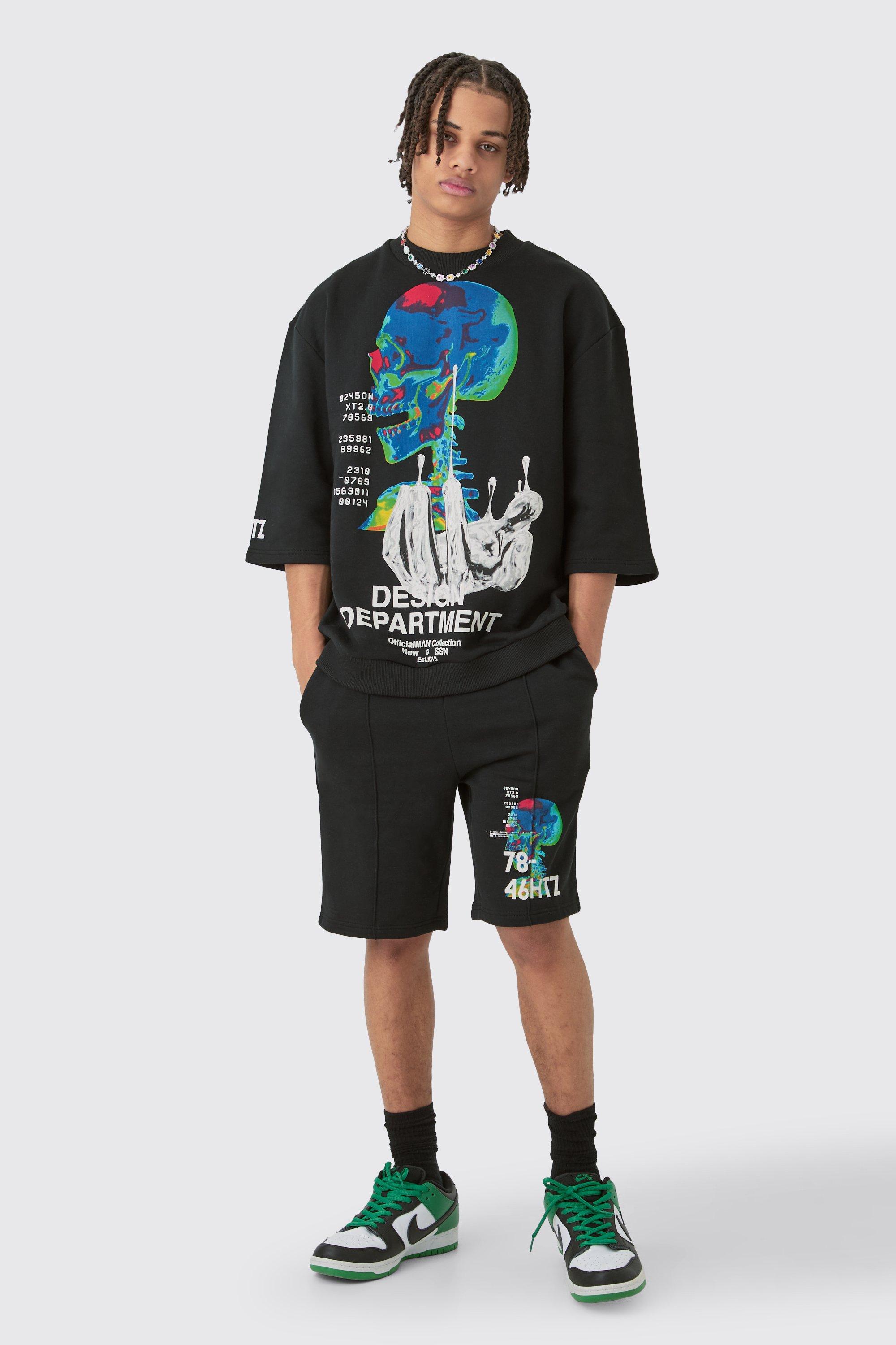 Mens Black Oversized Graphic Half Sleeve Sweatshirt And Short Set, Black