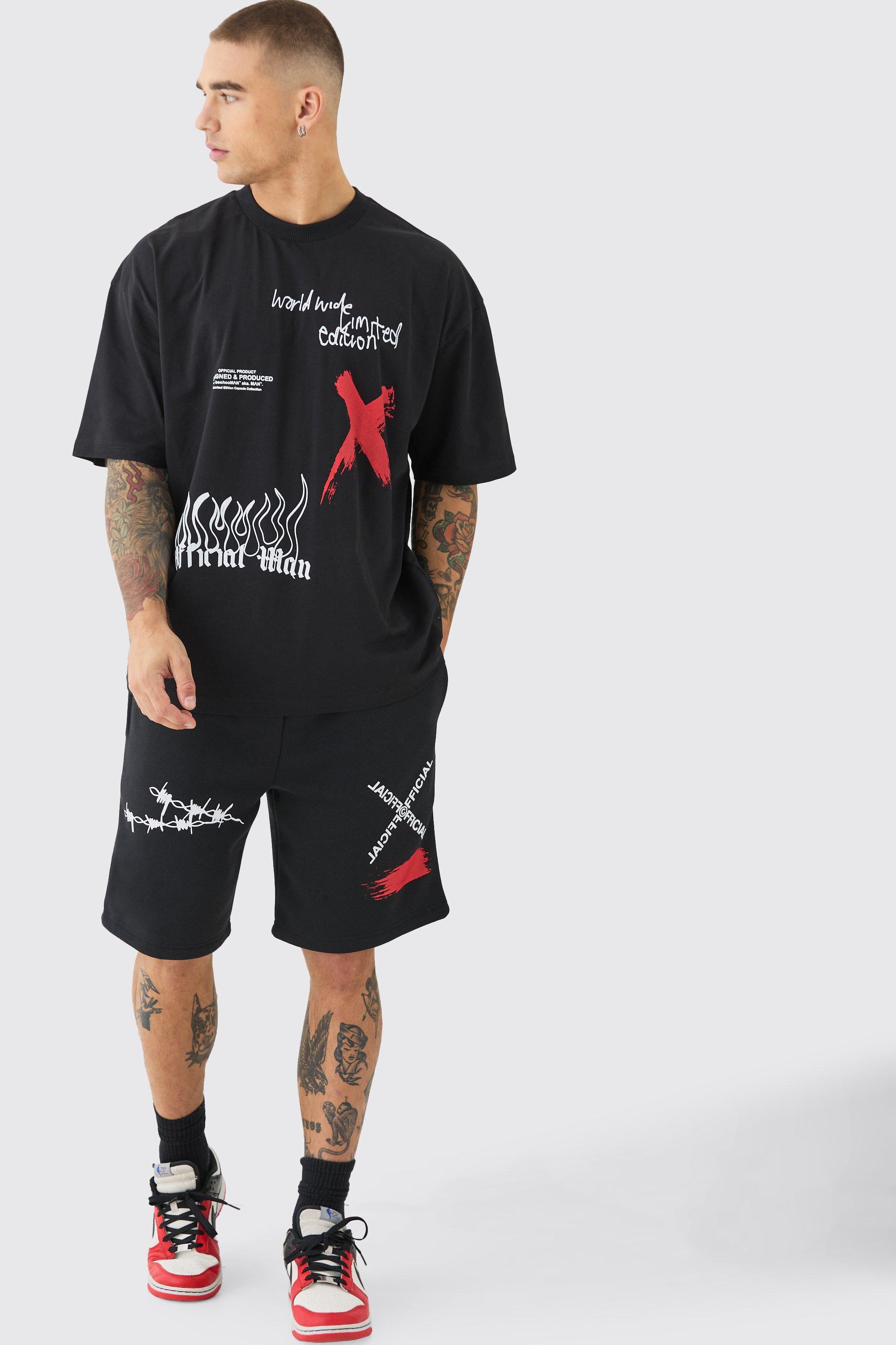 Image of Oversized Man Graffiti T-shirt And Short Set, Nero