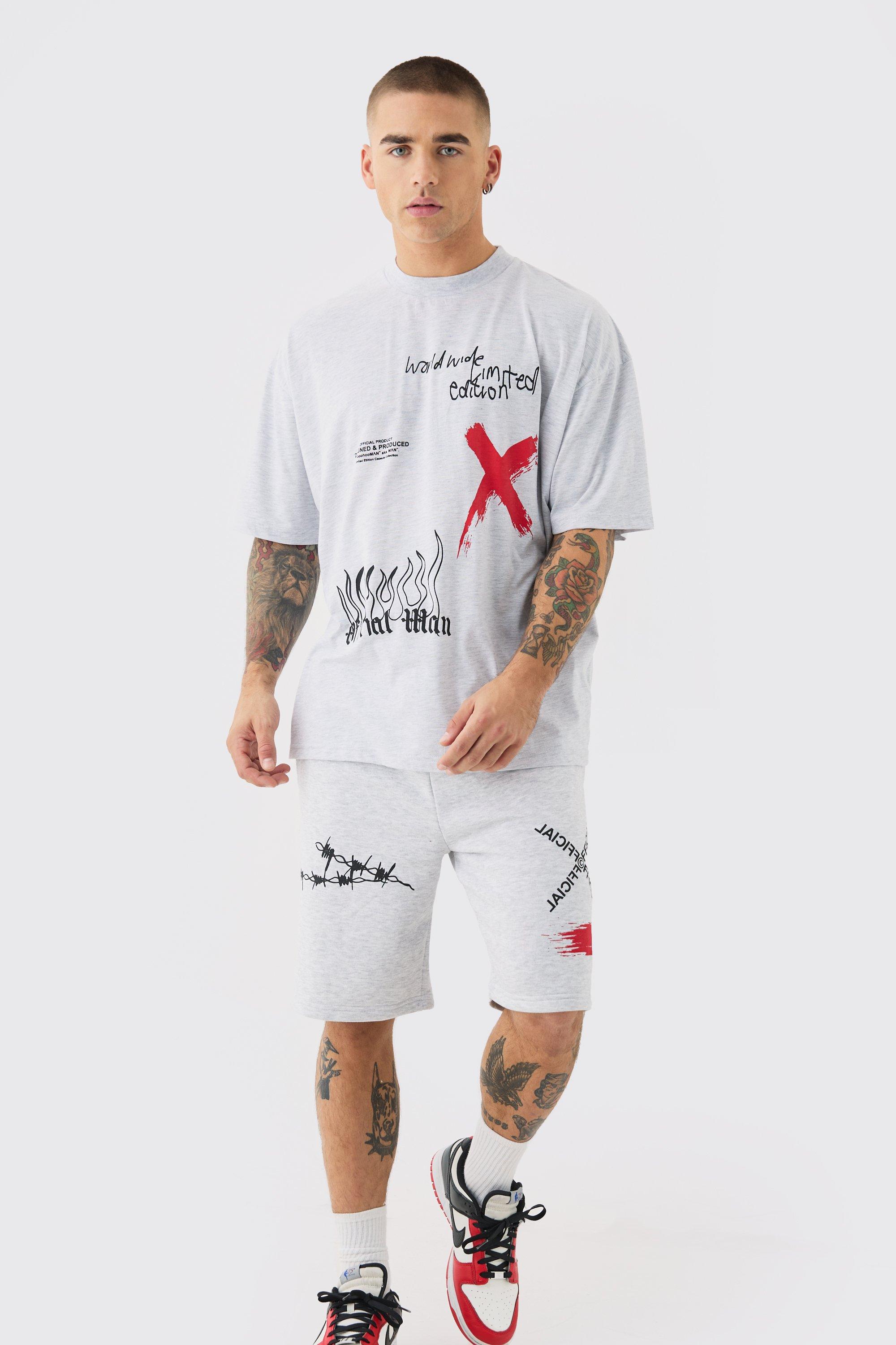 Image of Oversized Man Graffiti T-shirt And Short Set, Grigio
