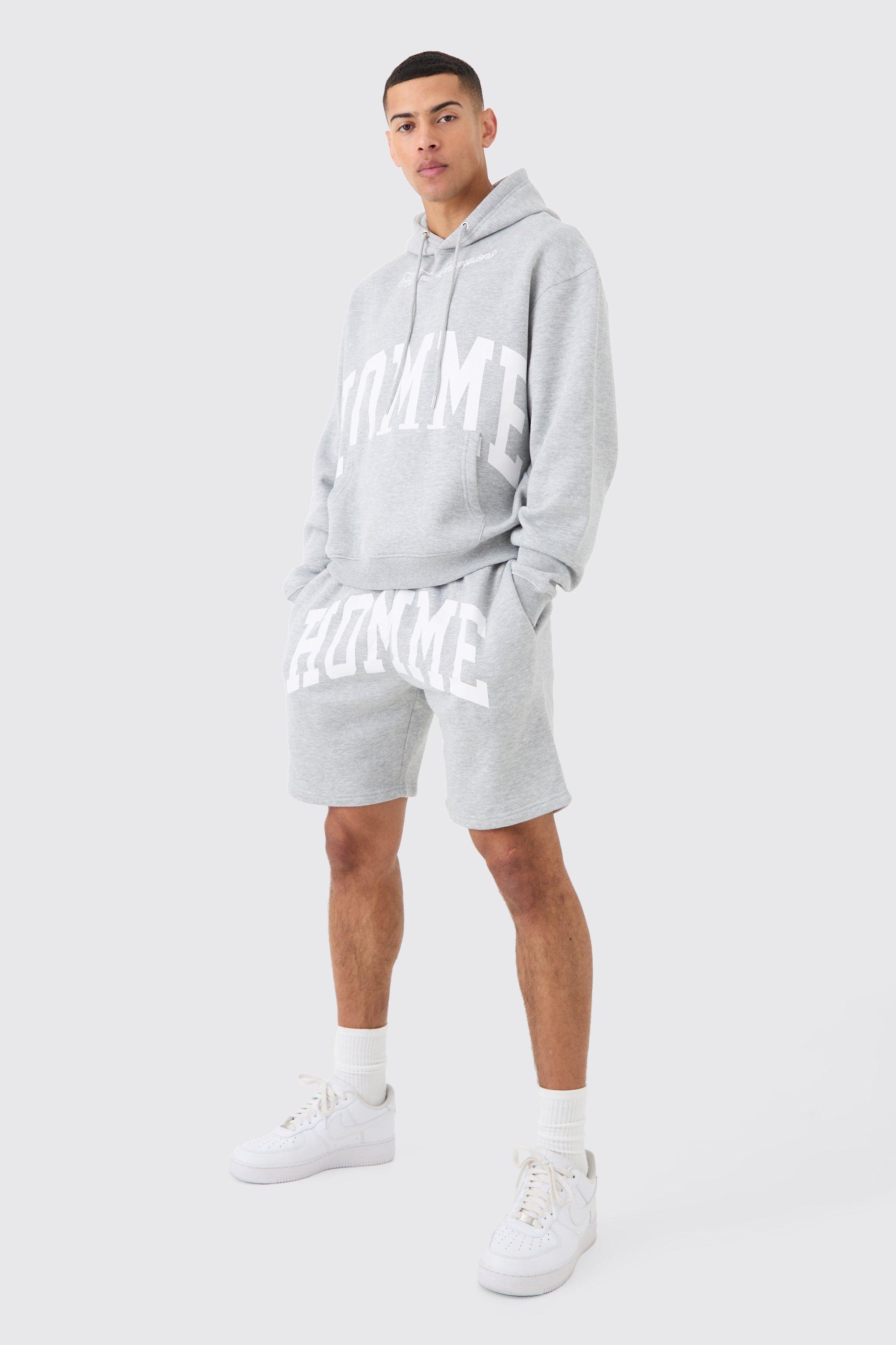 Mens Grey Oversized Boxy Homme Hooded Short Tracksuit, Grey