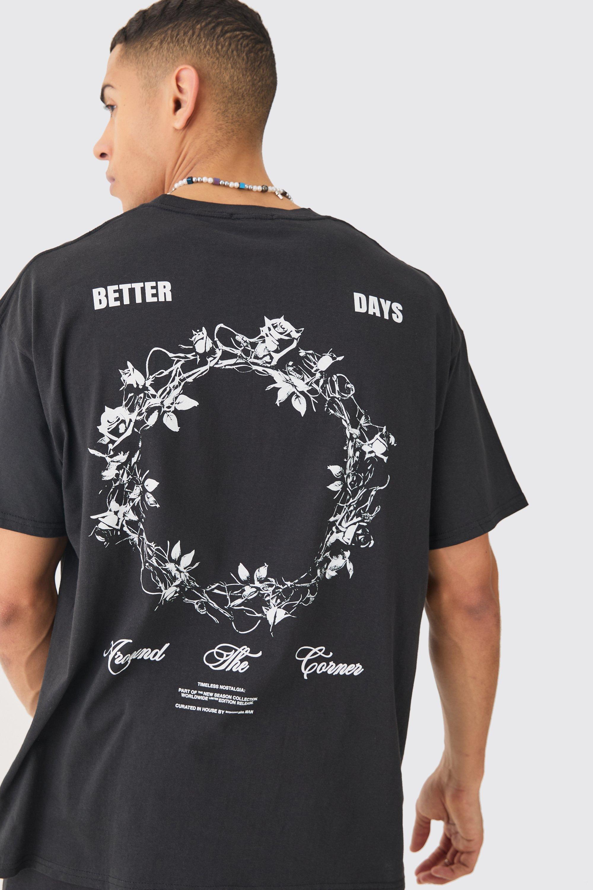 Image of T-shirt oversize con grafica a fiori, Nero