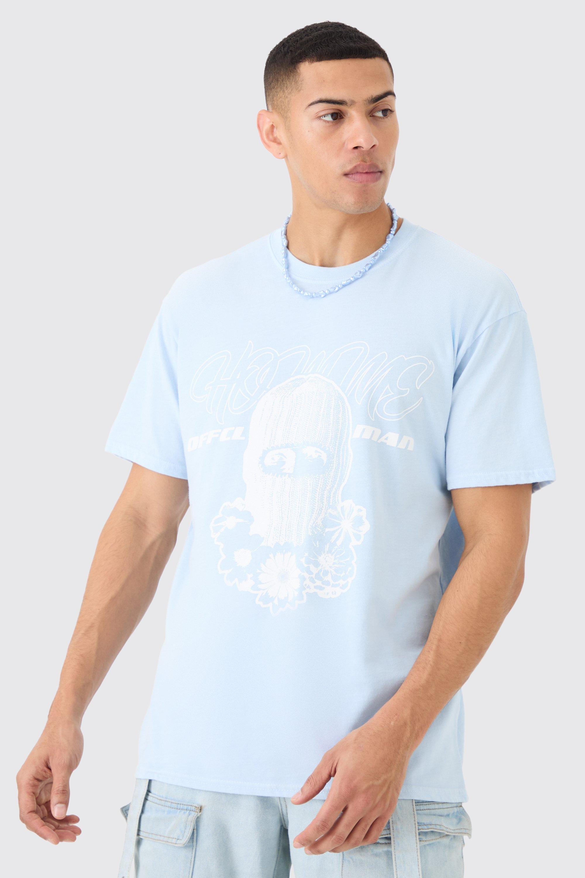 Image of T-shirt oversize slavata con grafica Homme Mask, Azzurro