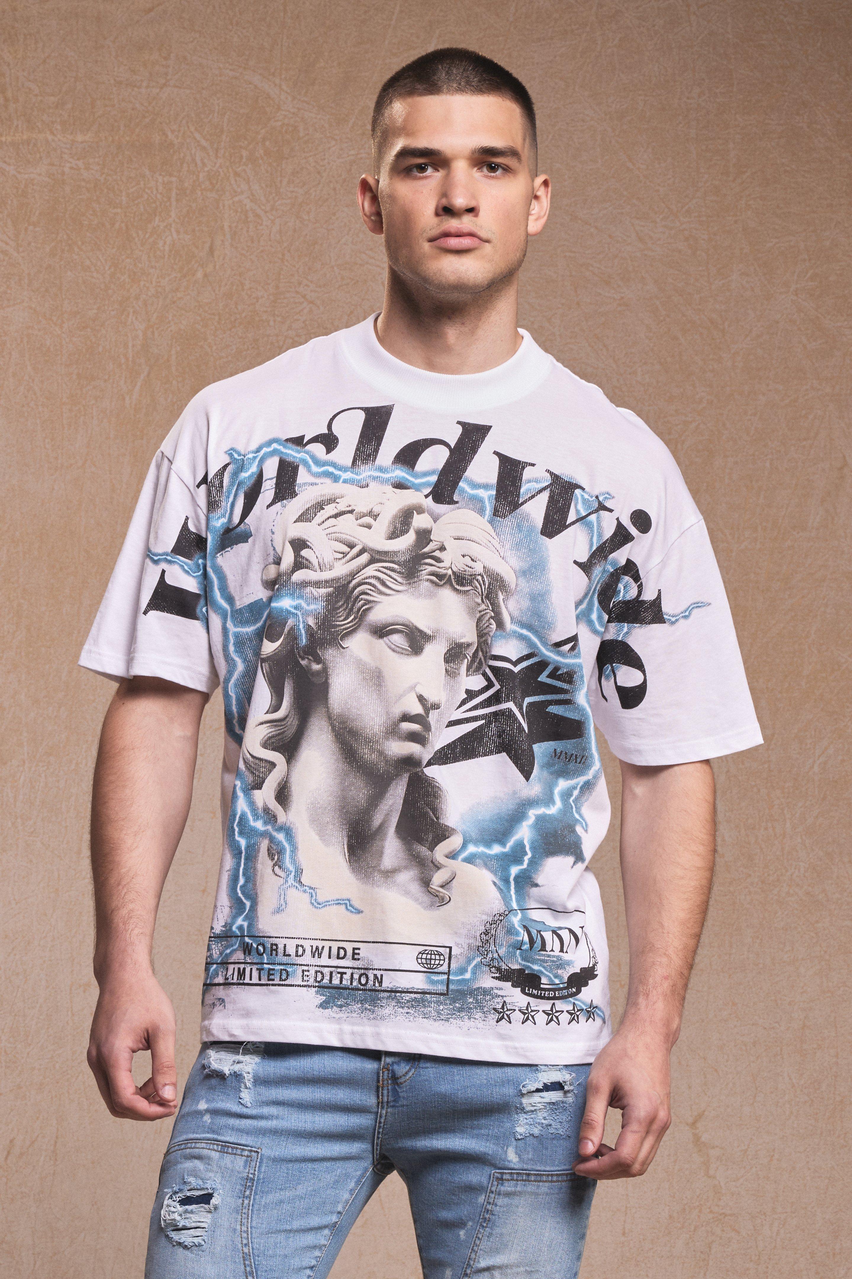 Image of T-shirt oversize con stampa rinascimentale e cuciture, Bianco