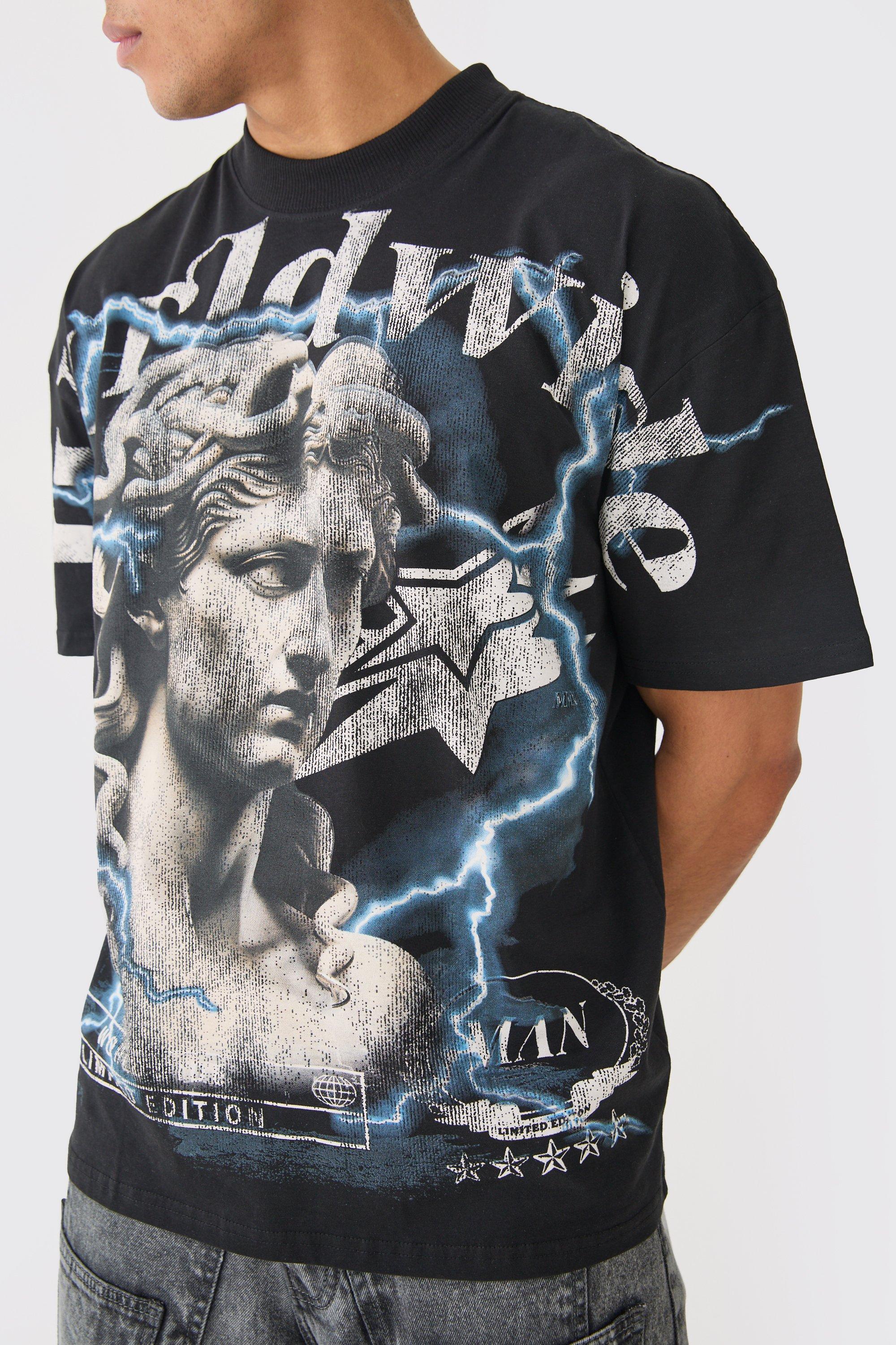 Image of T-shirt oversize con stampa rinascimentale e cuciture, Nero