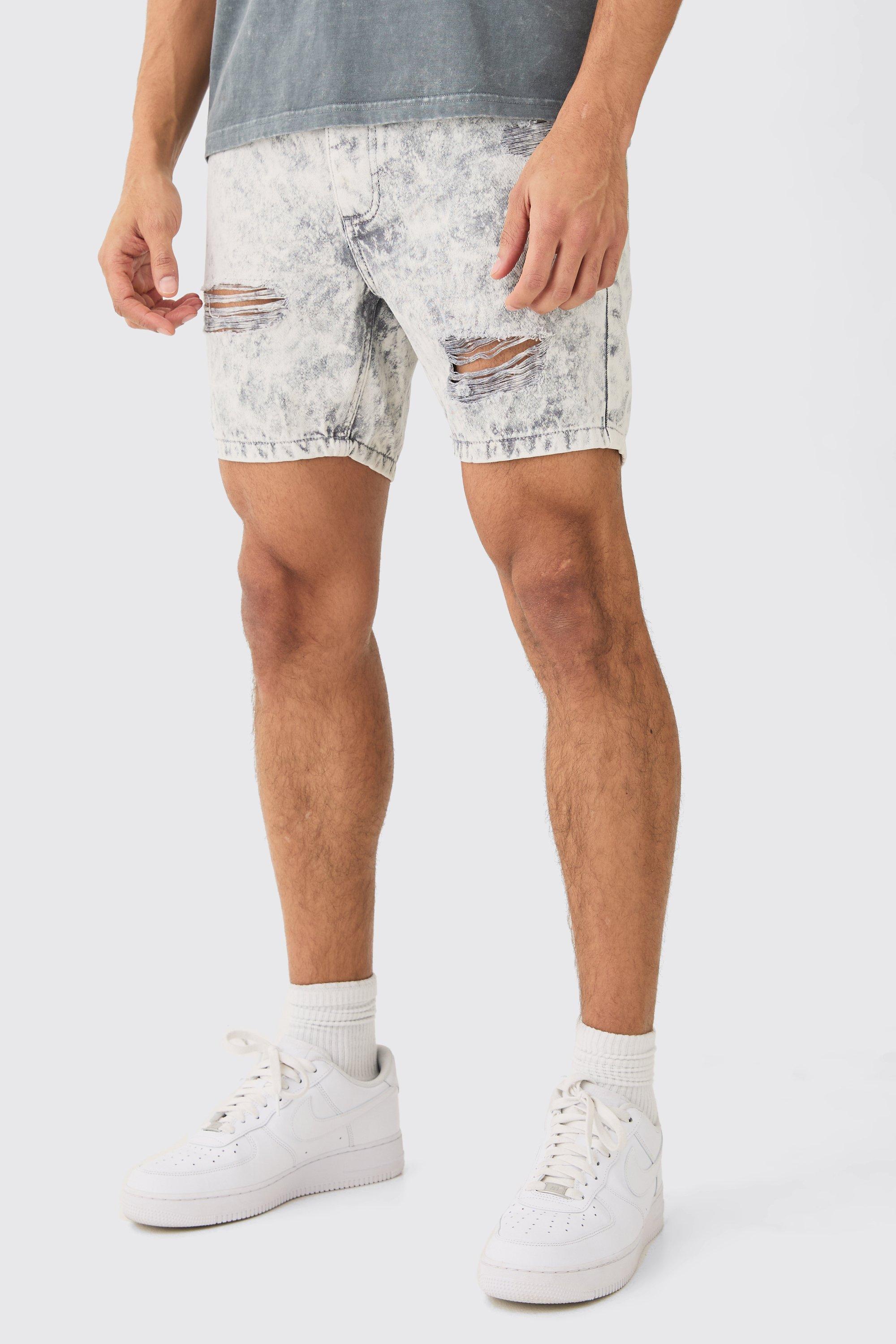 Image of Pantaloncini Slim Fit in denim strappato grigio ghiaccio, Grigio