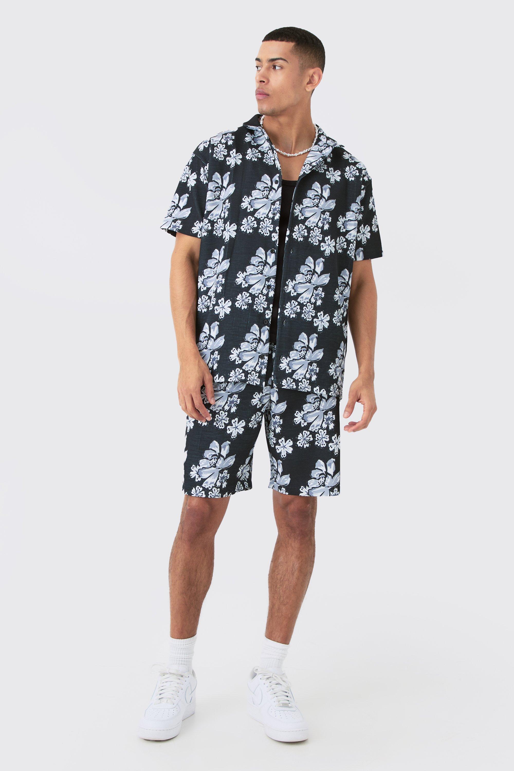 Mens Black Oversized Floral Printed Pleated Shirt & Short Set, Black