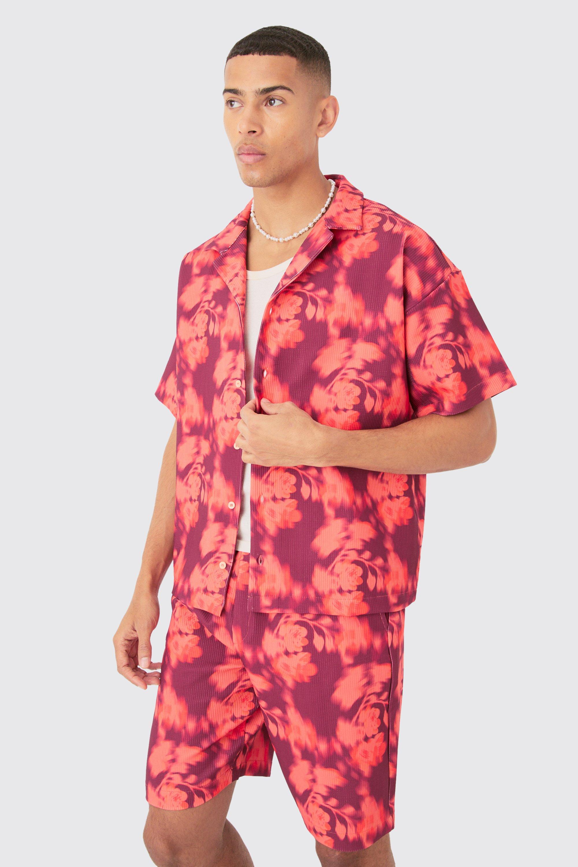 Mens Red Boxy Abstract Floral Printed Pleated Shirt & Short Set, Red