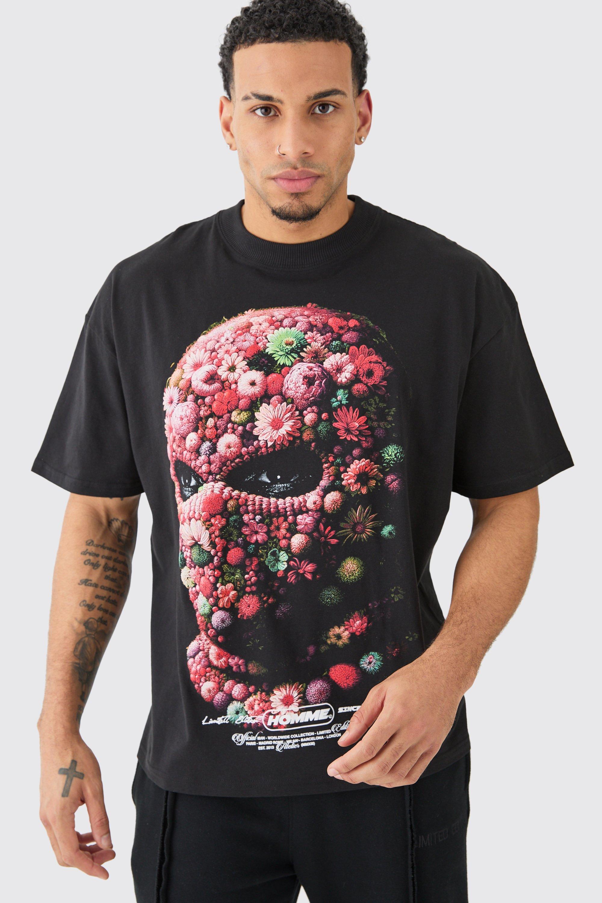 Image of T-shirt oversize a fiori con maschera, Nero