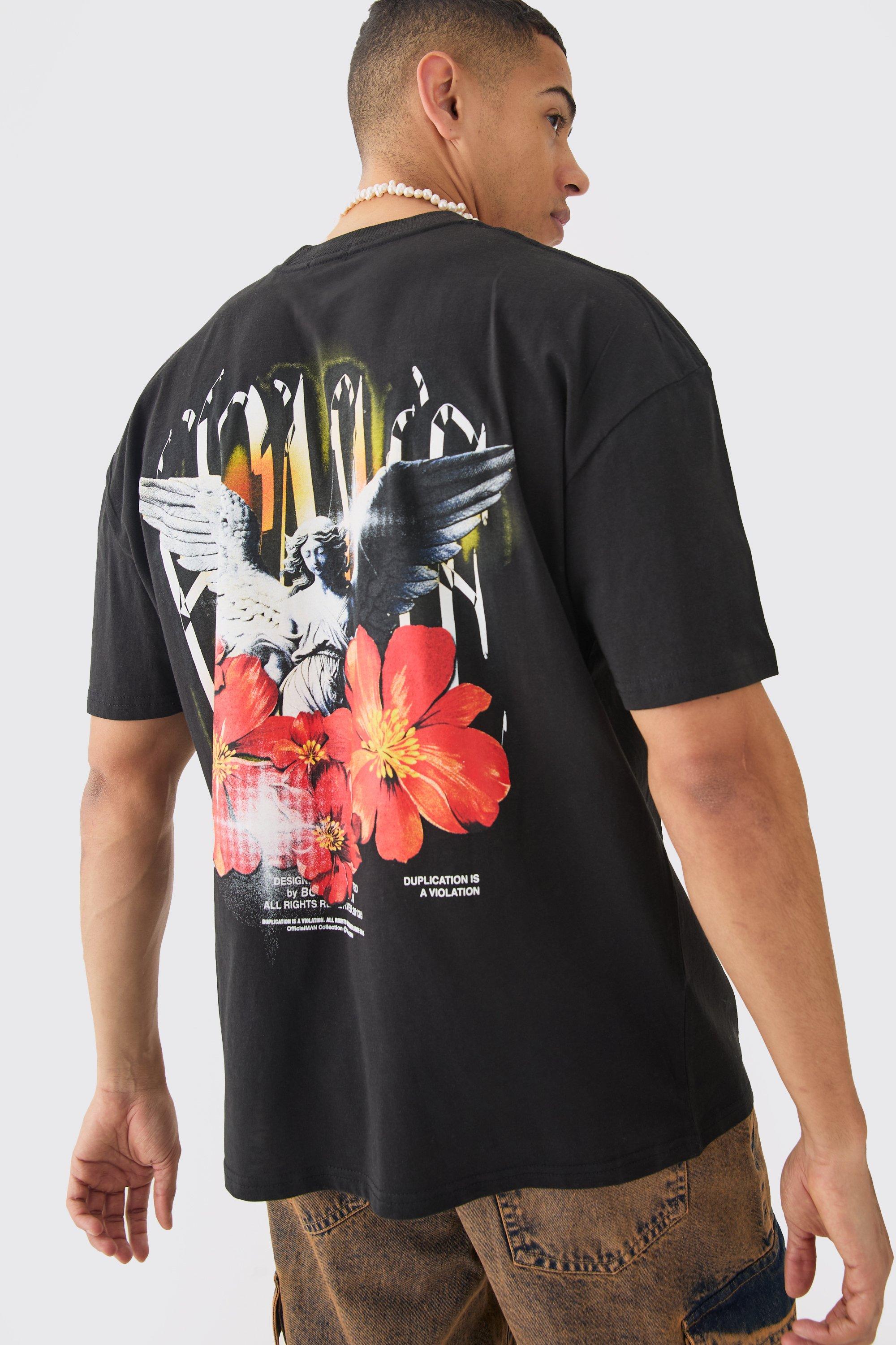 Image of T-shirt oversize a fiori con grafica rinascimentale, Nero