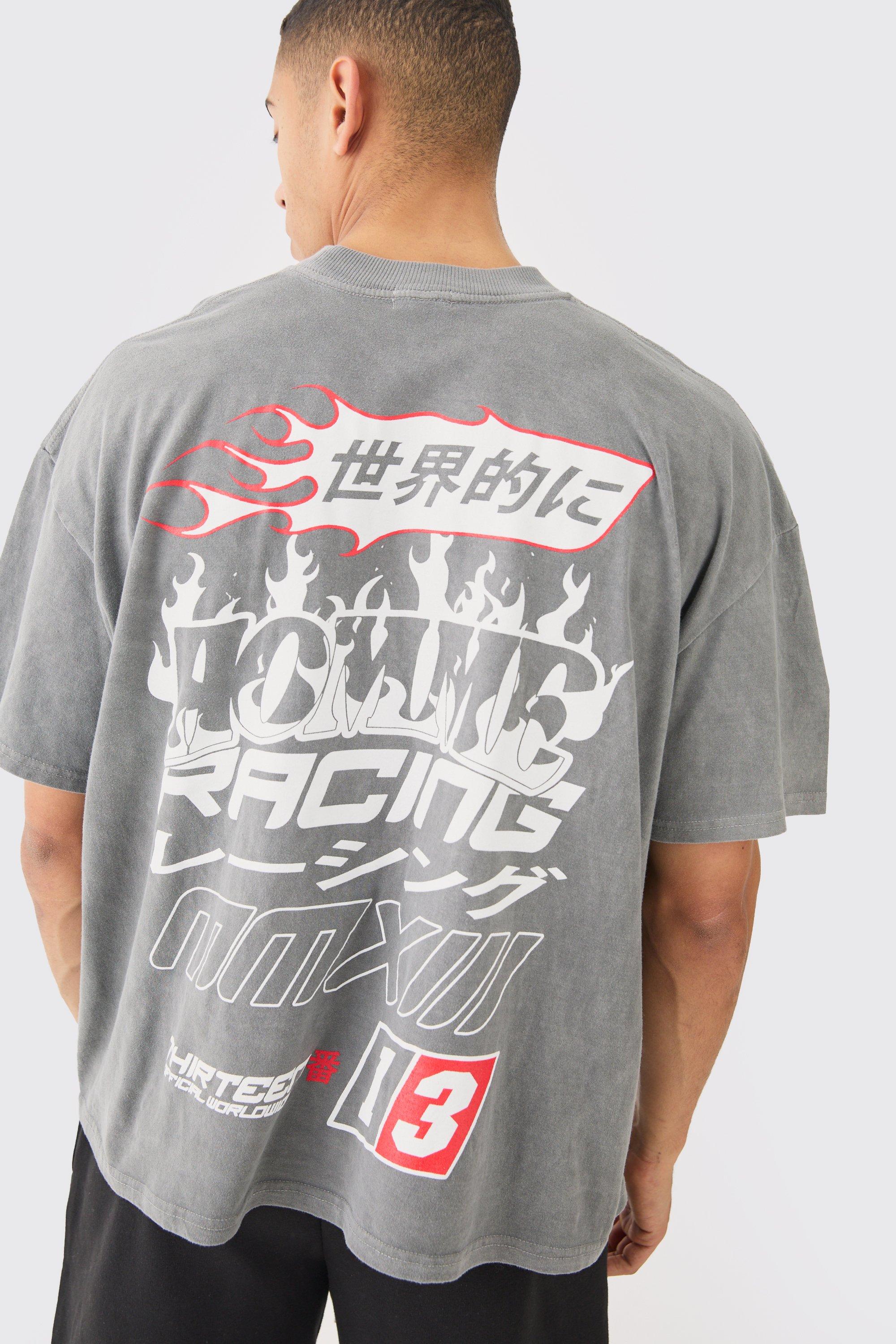 Image of T-shirt oversize slavata con stampa Racing e fiamme, Grigio