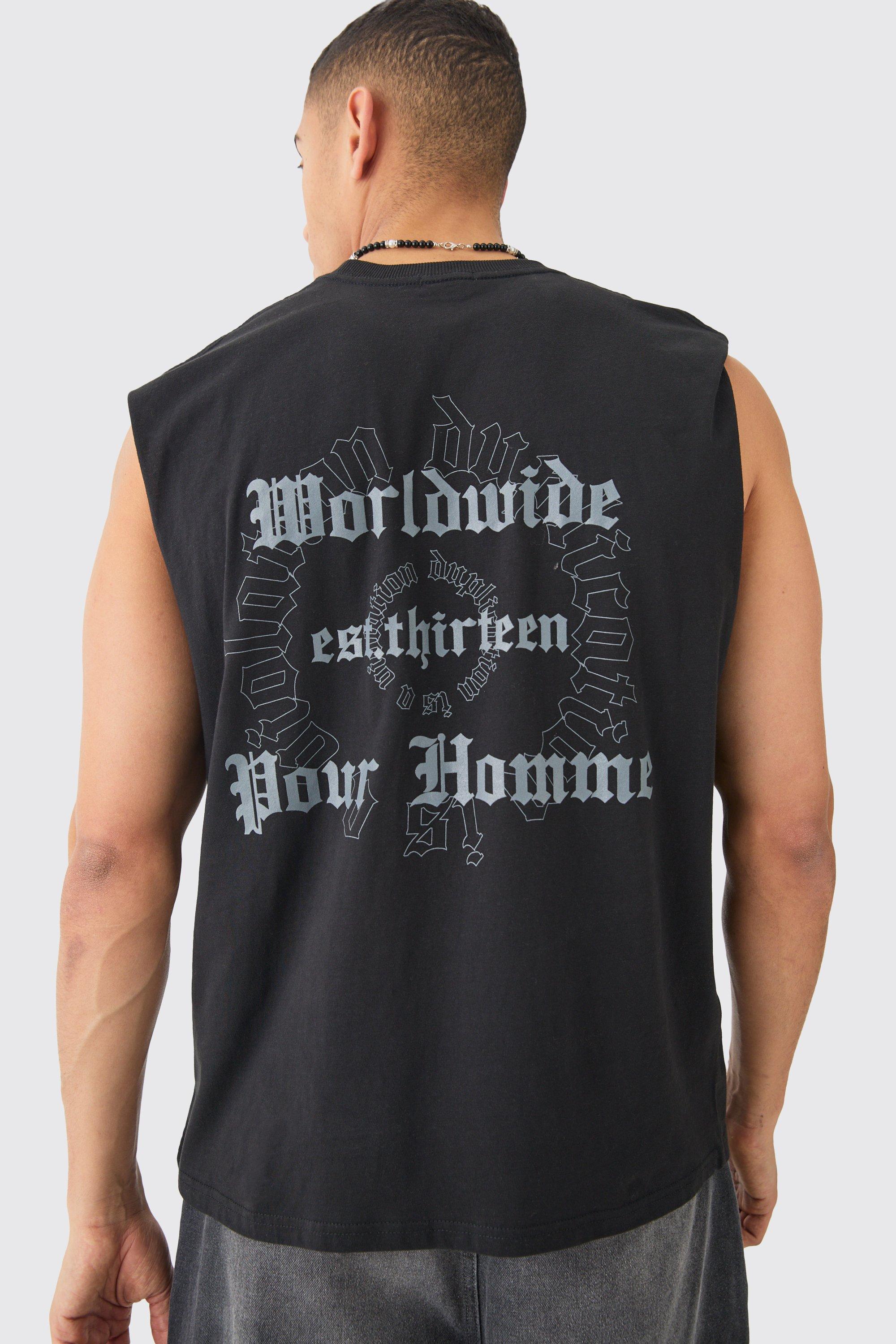 Mens Black Oversized Worldwide Text vest, Black