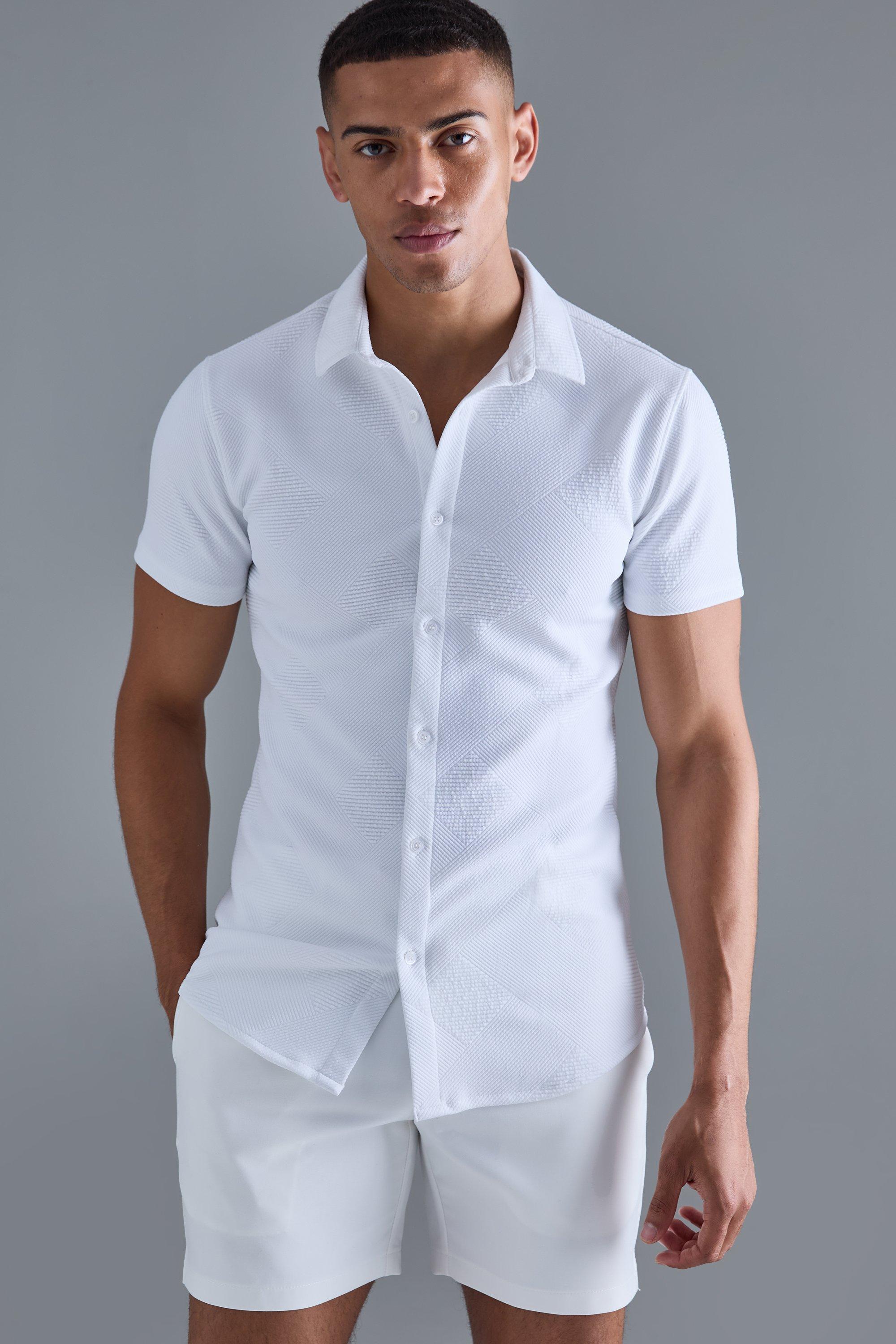 Mens White Short Sleeve Muscle Geo Shirt, White