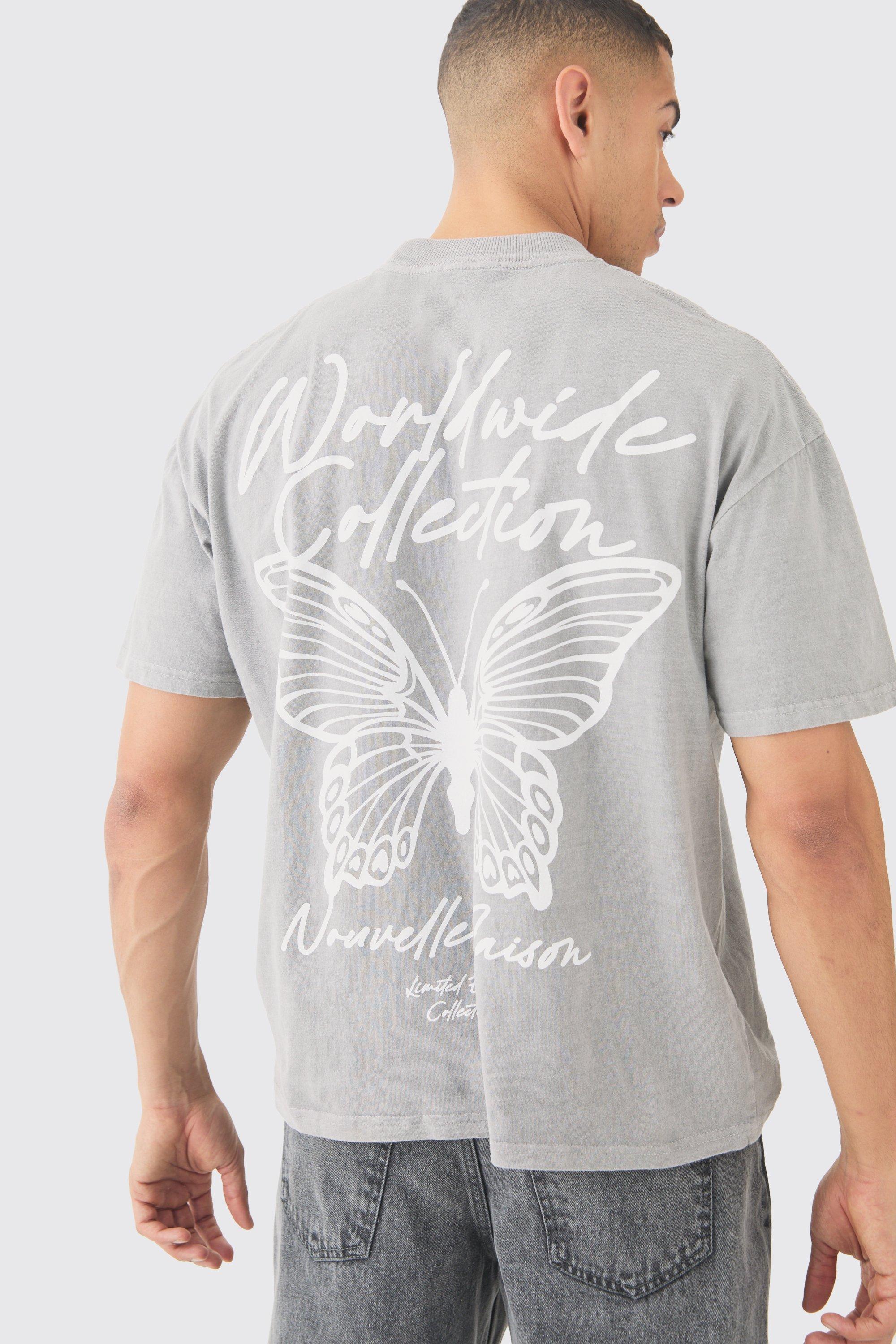 Image of T-shirt oversize slavata con grafica di farfalle, Grigio