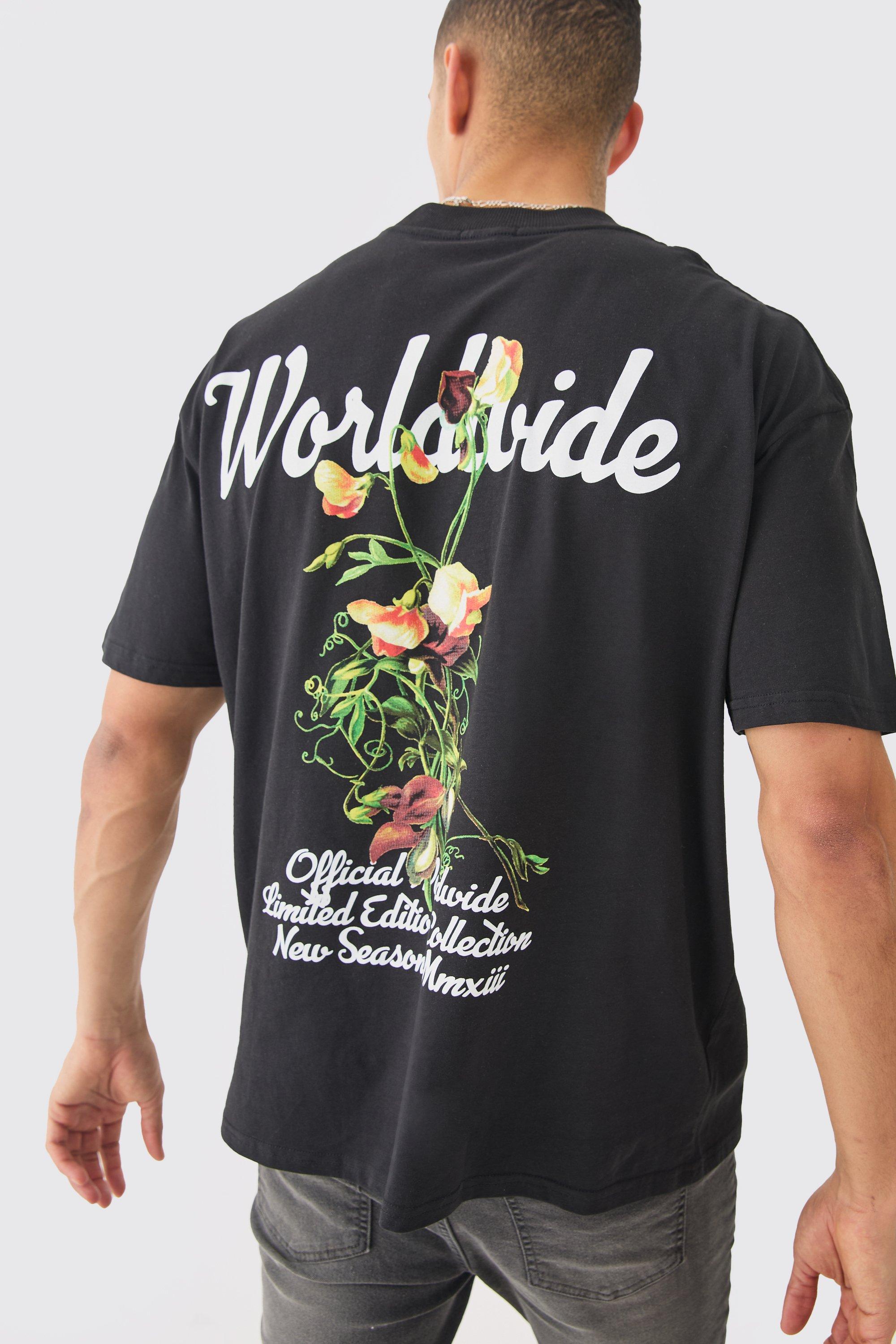 Image of T-shirt oversize Worldwide a fiori, Nero
