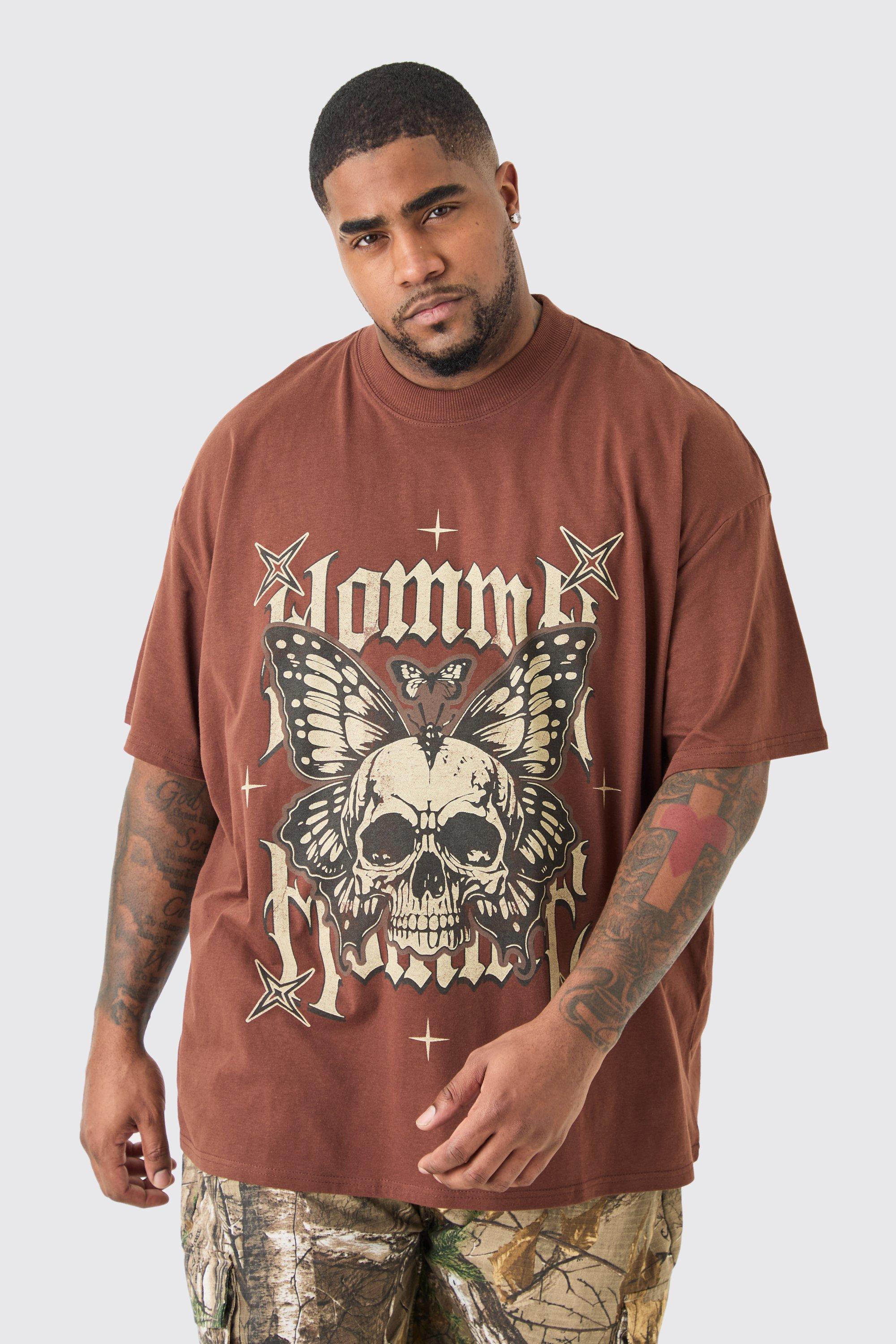 Image of T-shirt Plus Size oversize Homme color cioccolato con grafica di teschio, Brown