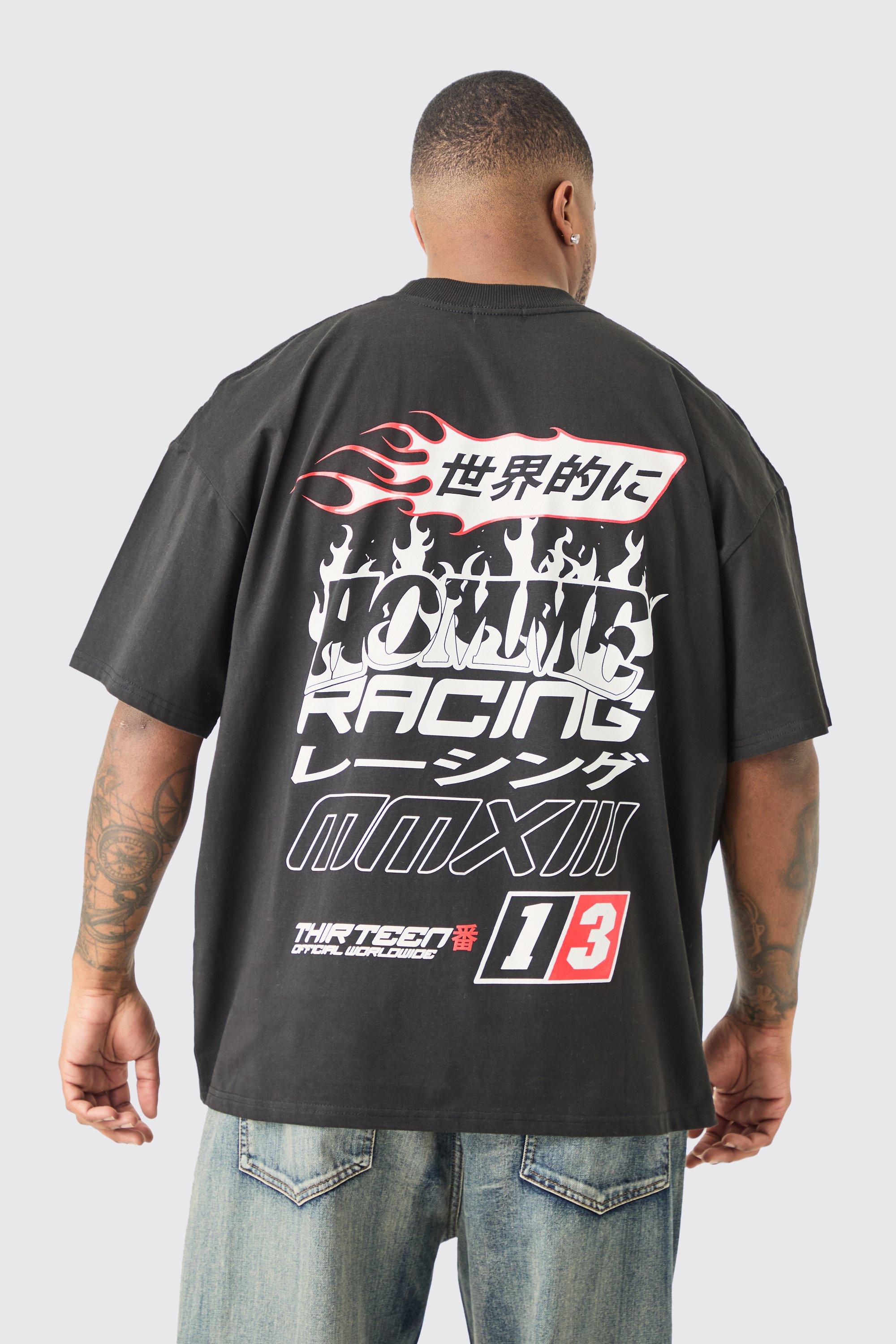 Image of T-shirt da moto Plus Size oversize nera con girocollo esteso, Nero