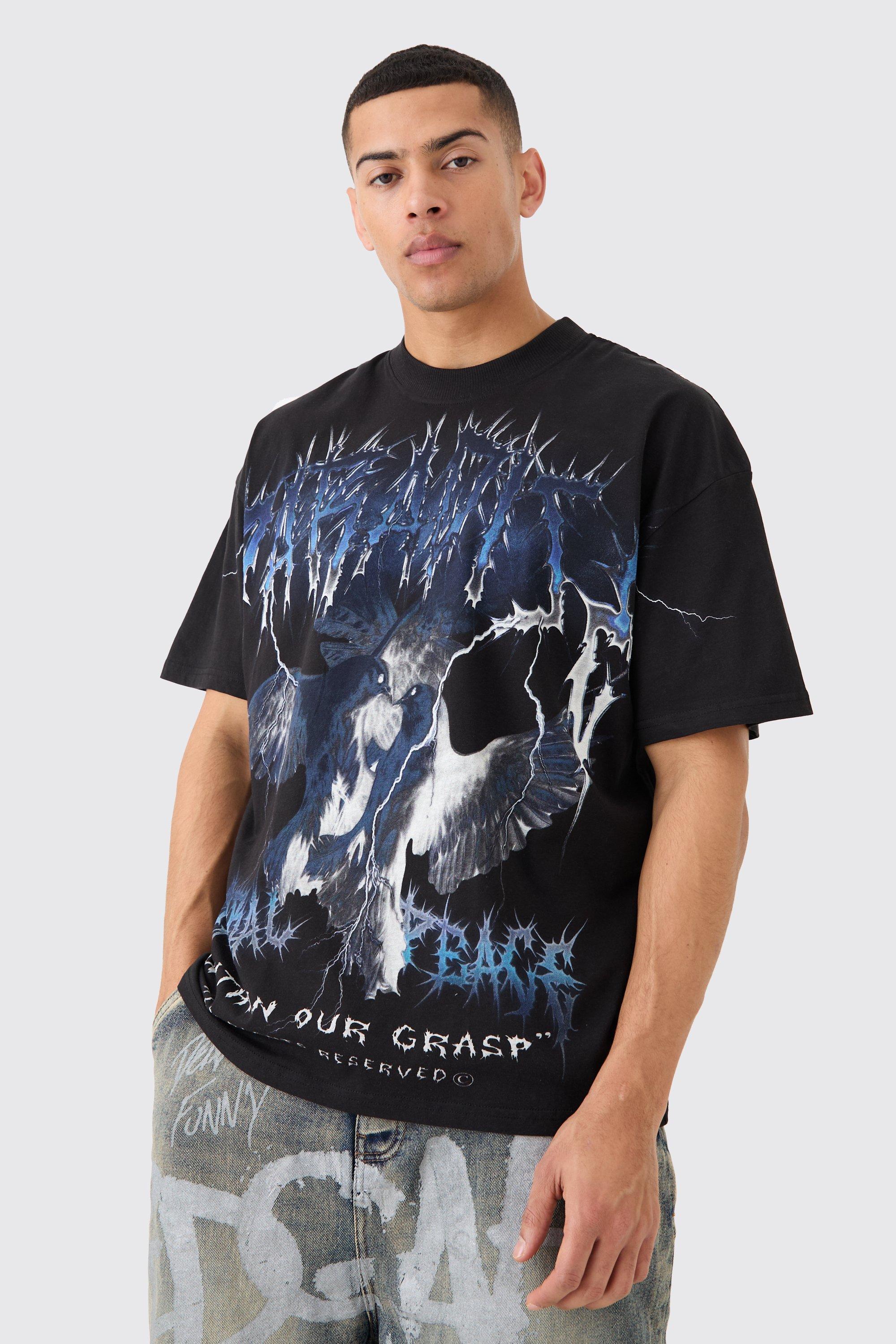 Image of T-shirt oversize con grafica di colomba e cuciture, Nero