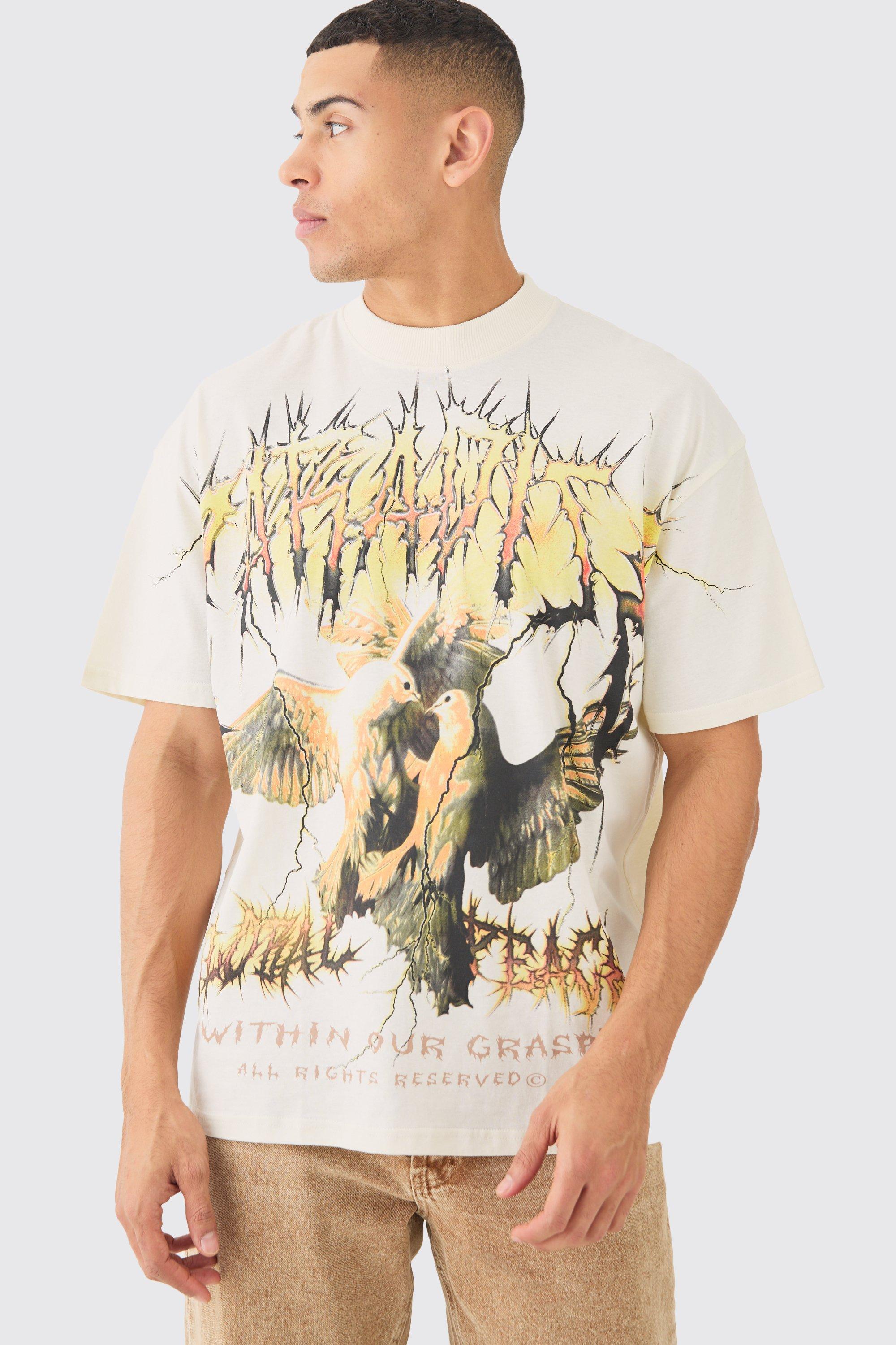 Image of T-shirt oversize con grafica di colomba e cuciture, Cream