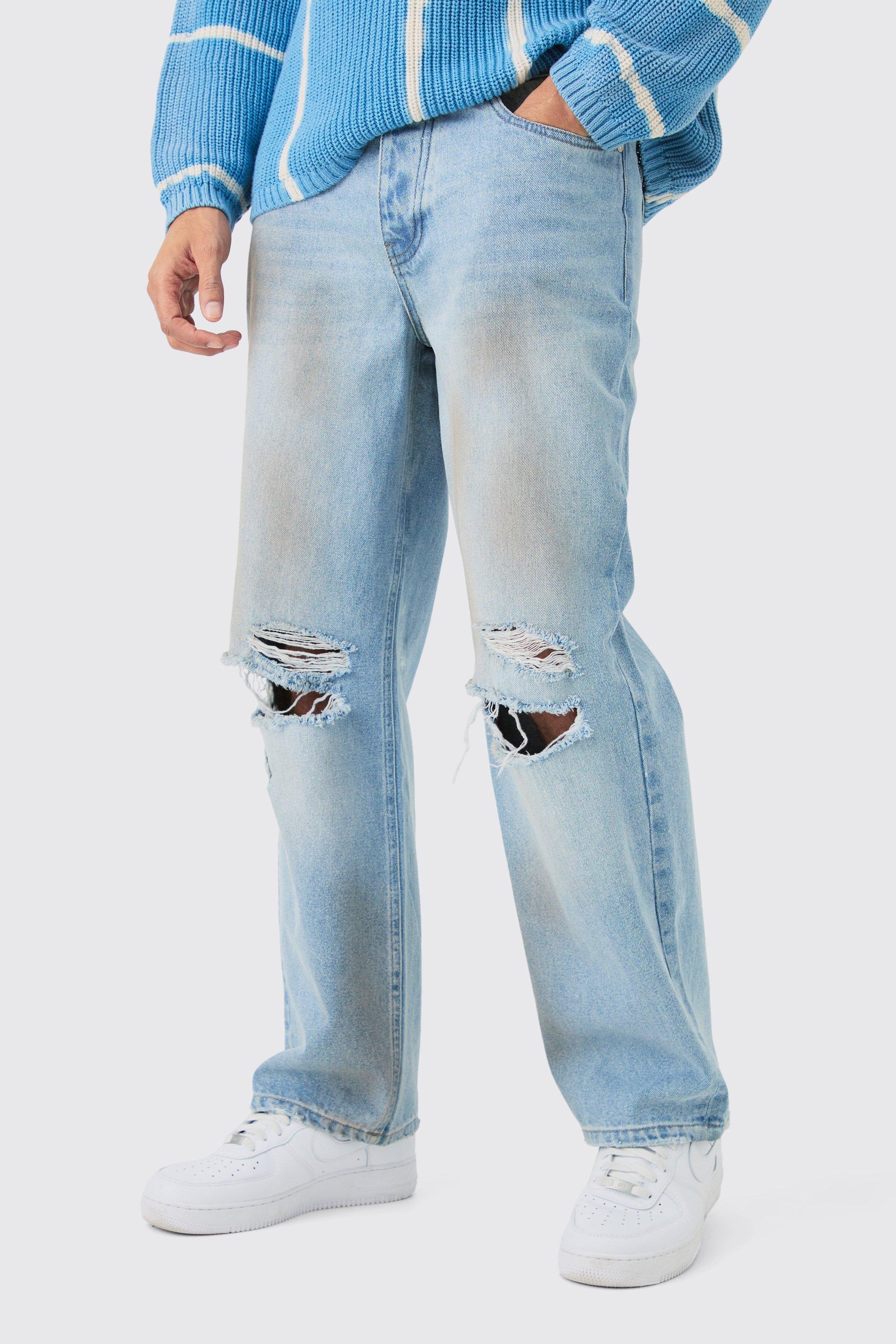 Image of Baggy Rigid Ripped Knee Dirty Wash Jeans In Light Blue, Azzurro