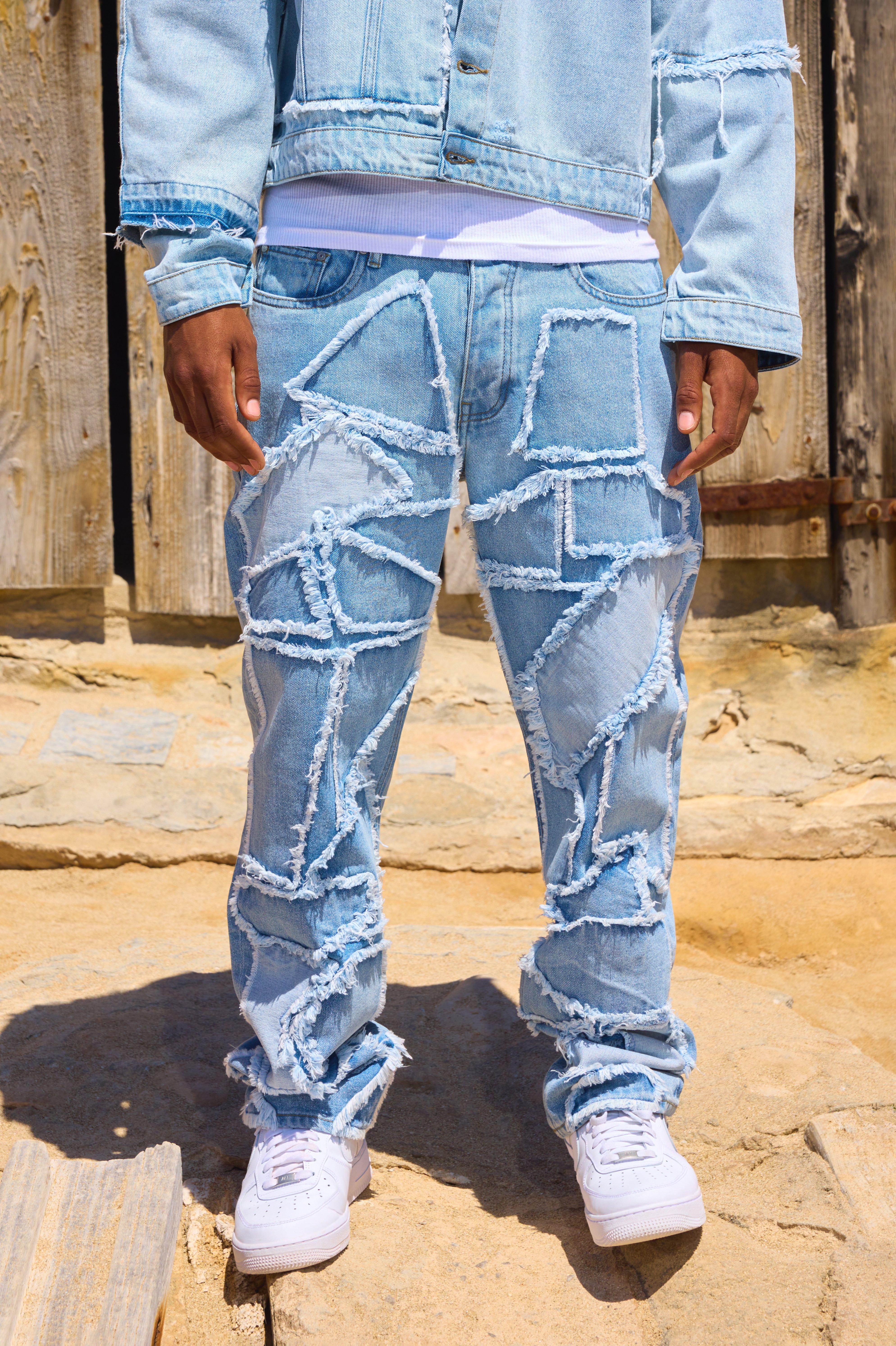 Image of Distressed Patchwork Relaxed Rigid Jeans In Light Blue, Azzurro
