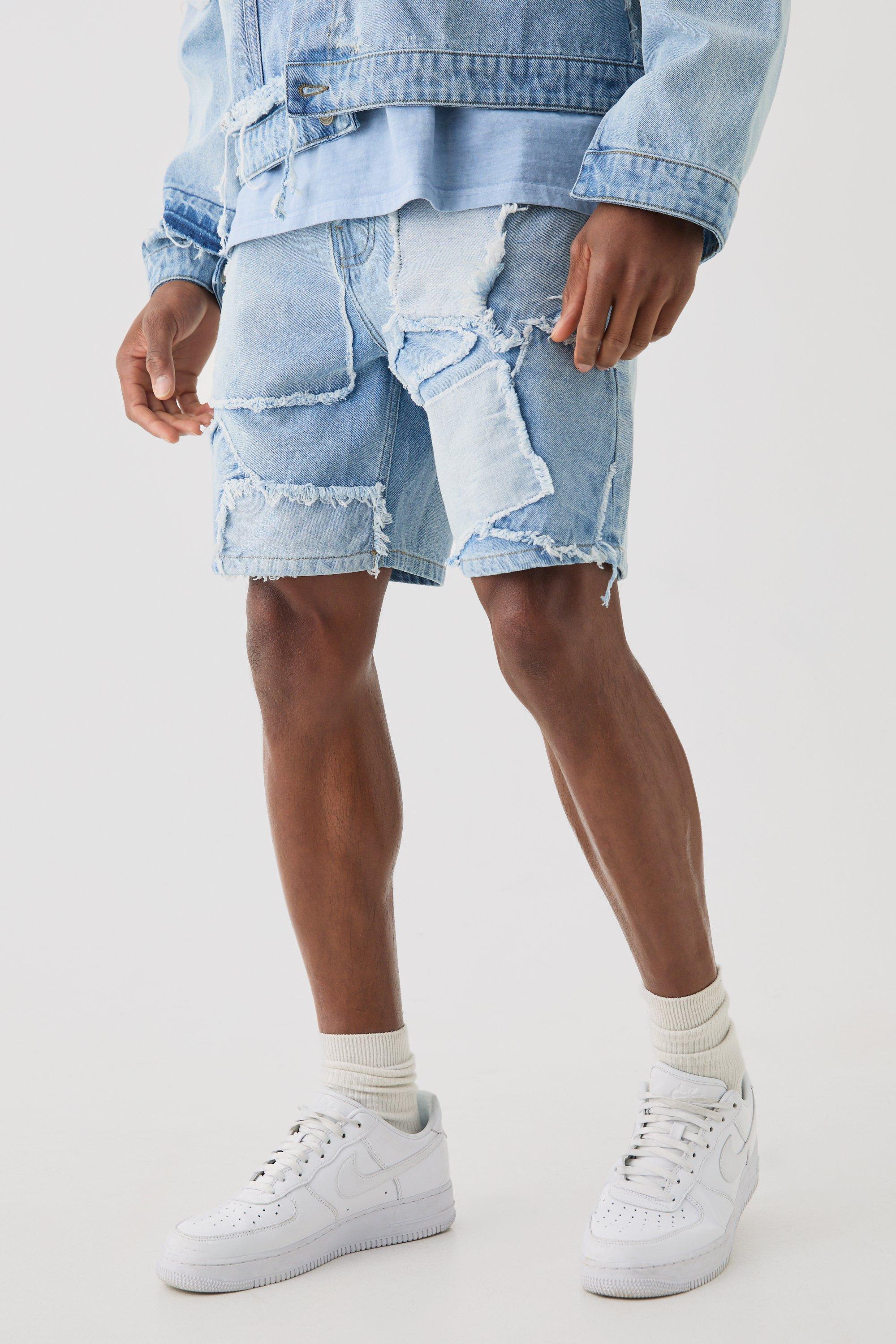 Image of Distressed Patchwork Relaxed Denim Short In Light Blue, Azzurro
