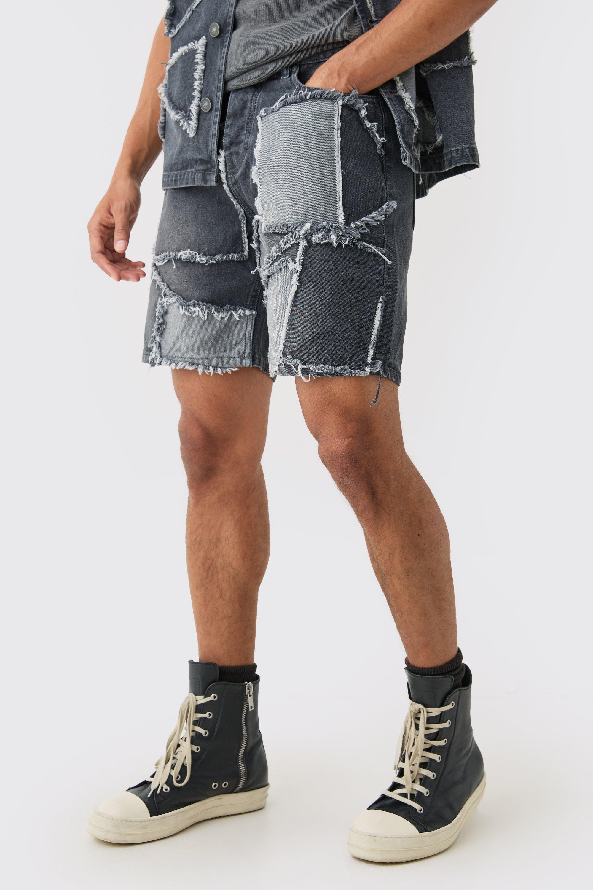 Image of Distressed Patchwork Relaxed Denim Short In Charcoal, Grigio
