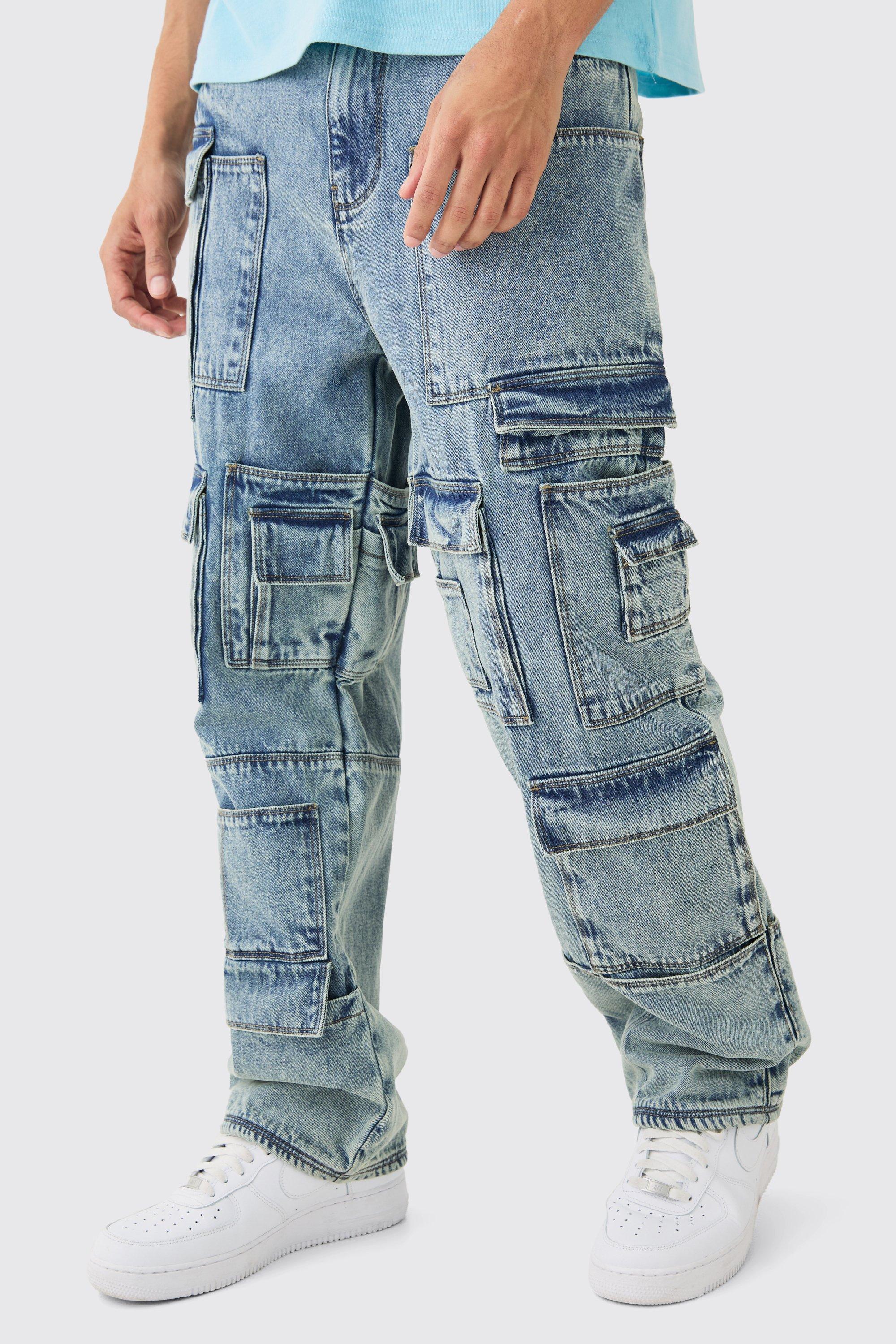 Boohoo Onbewerkte Baggy Cargo Jeans Met Zakken In Blauw, Antique Blue