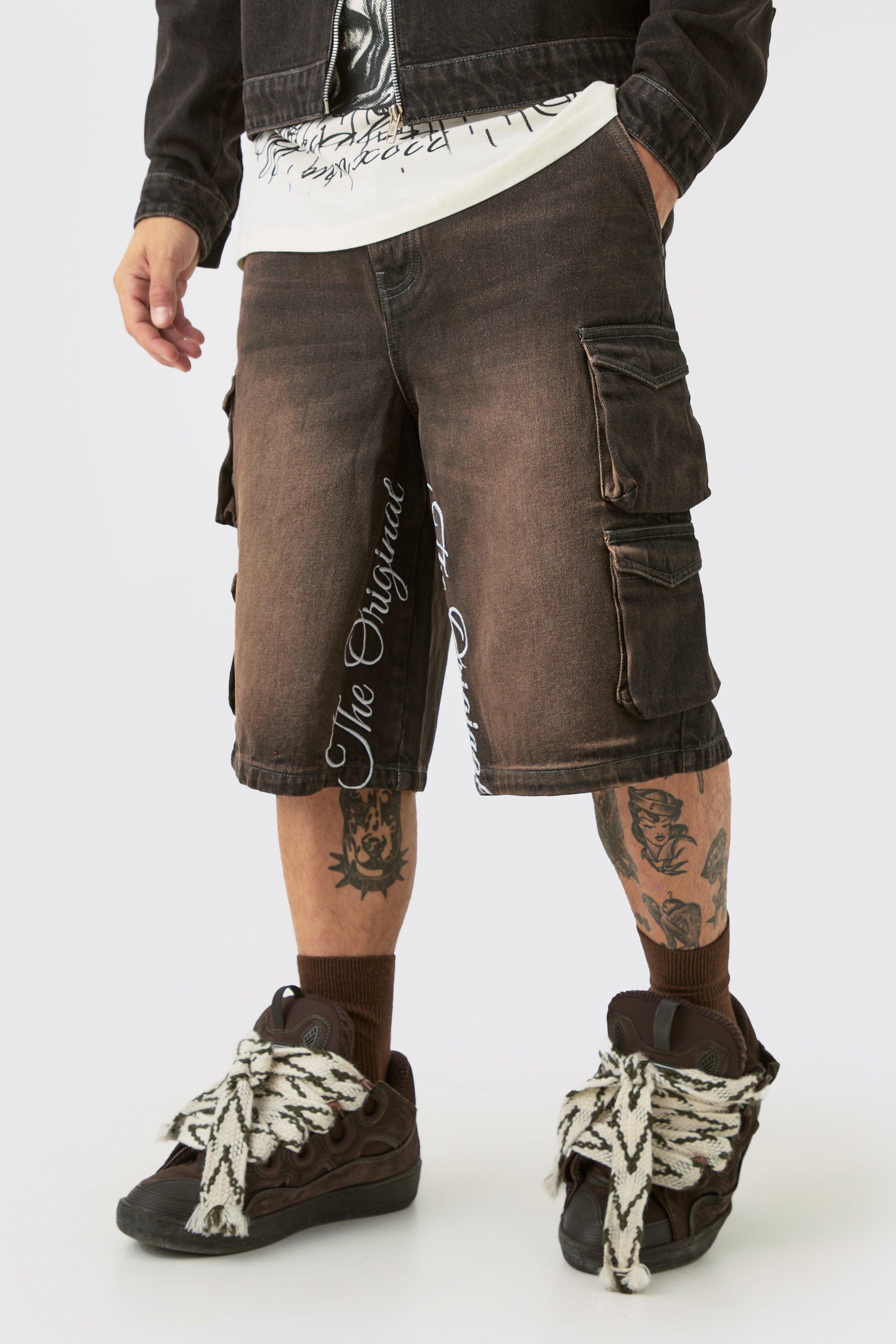 Mens Embroidered Denim Cargo Jorts In Brown, Brown