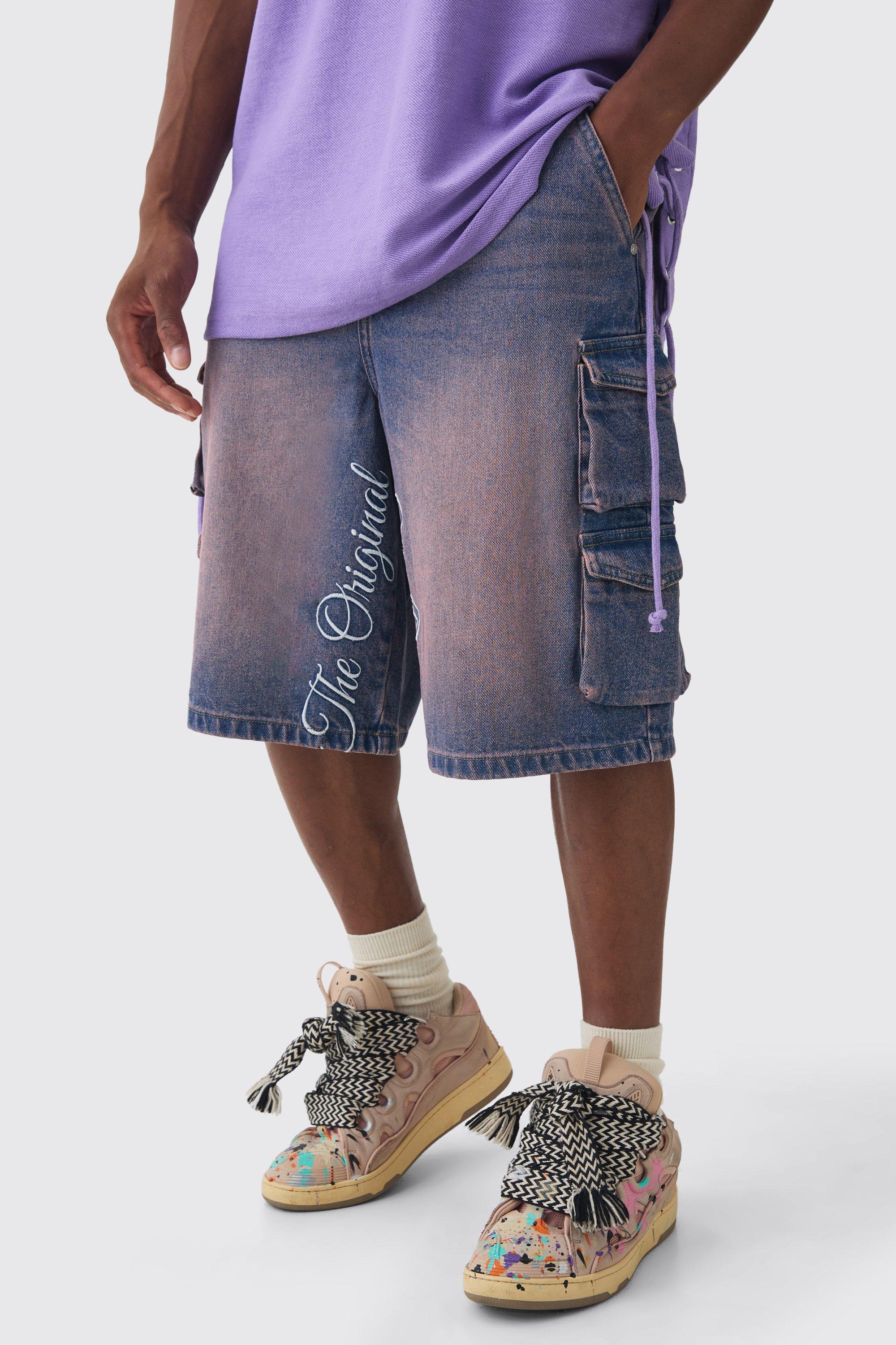 Image of Embroidered Denim Cargo Jorts In Pink, Pink