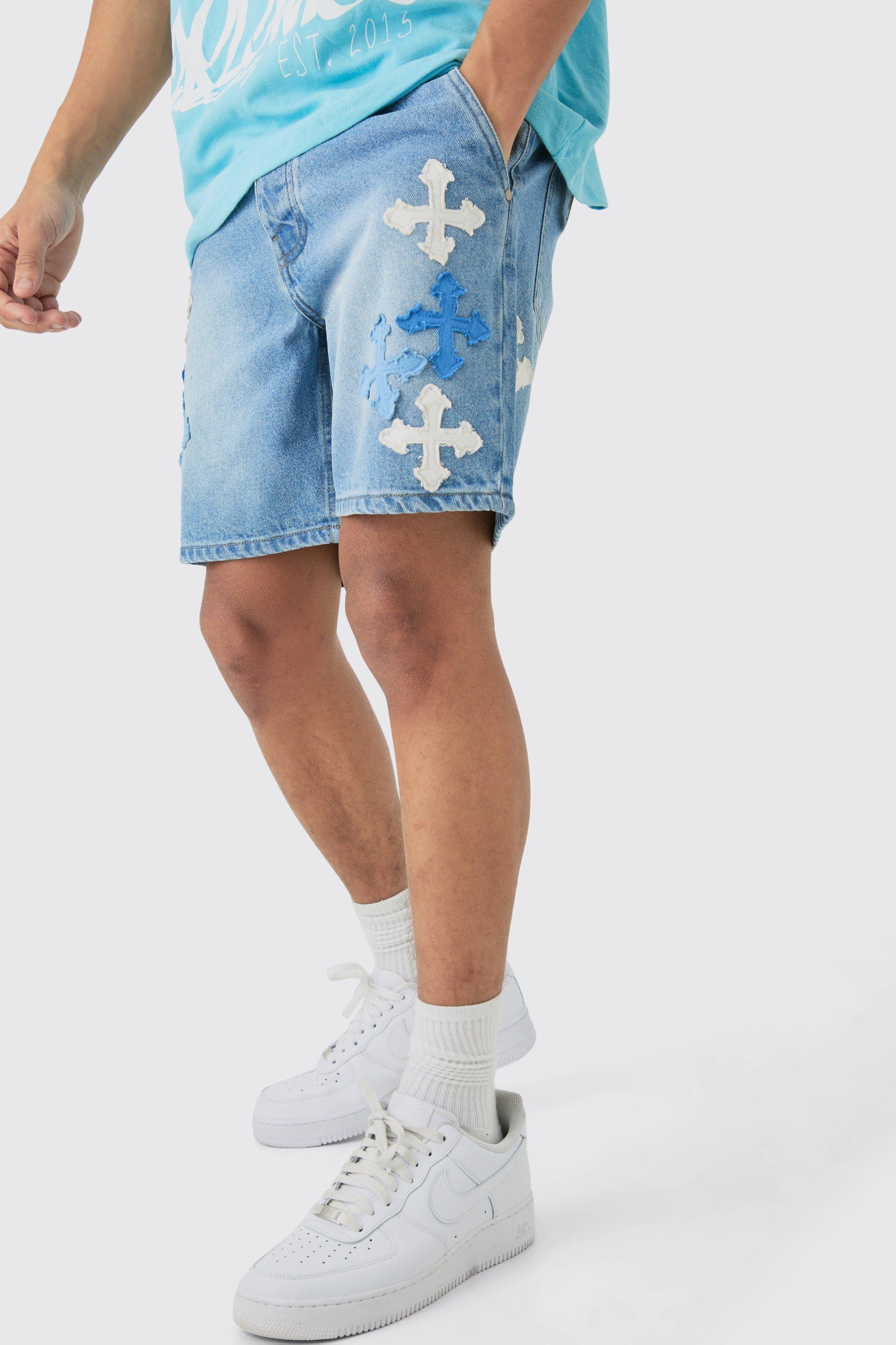 Image of Slim Rigid Applique Denim Shorts In Light Blue, Azzurro