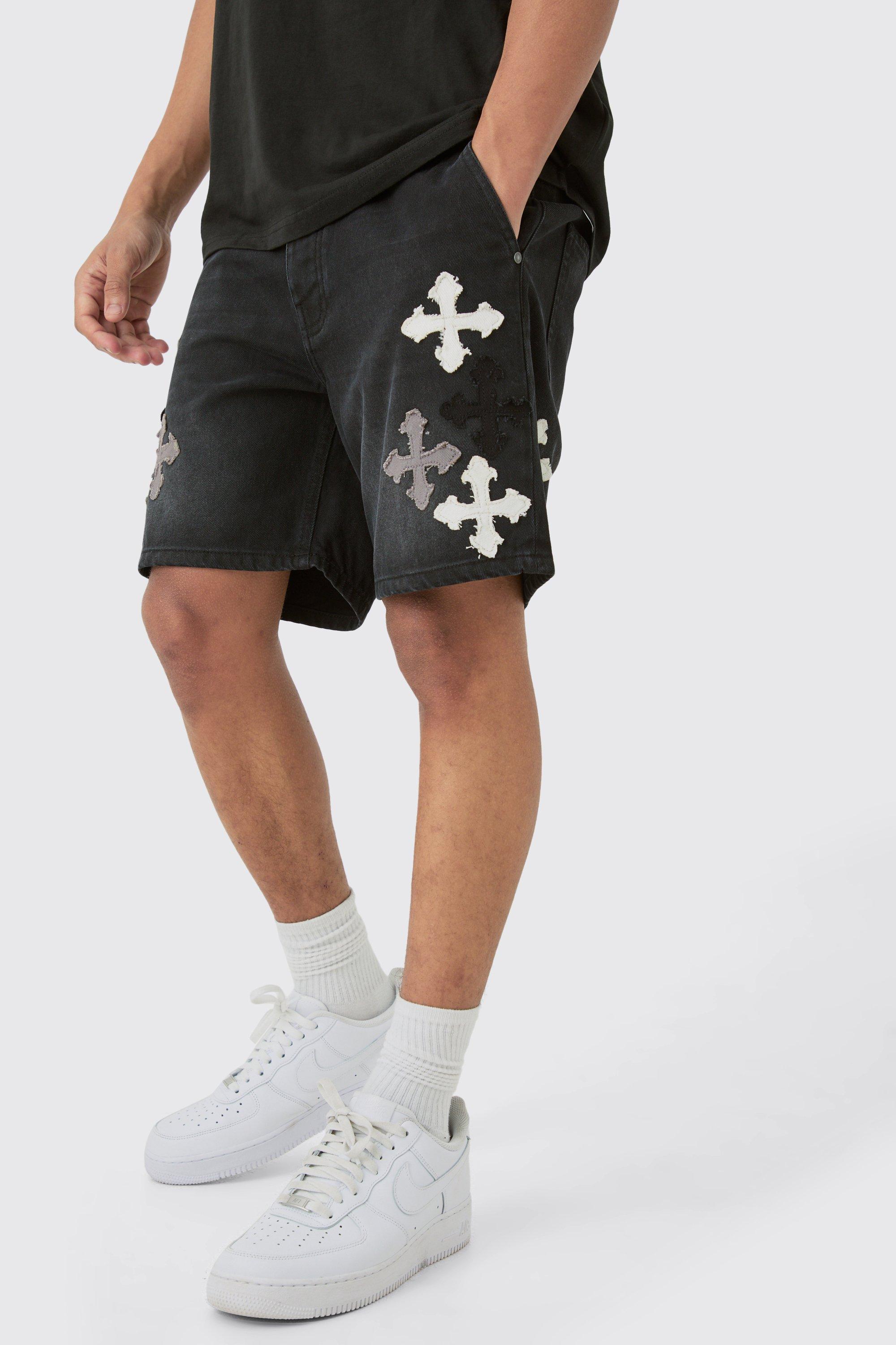Image of Slim Rigid Applique Denim Shorts In Washed Black, Nero