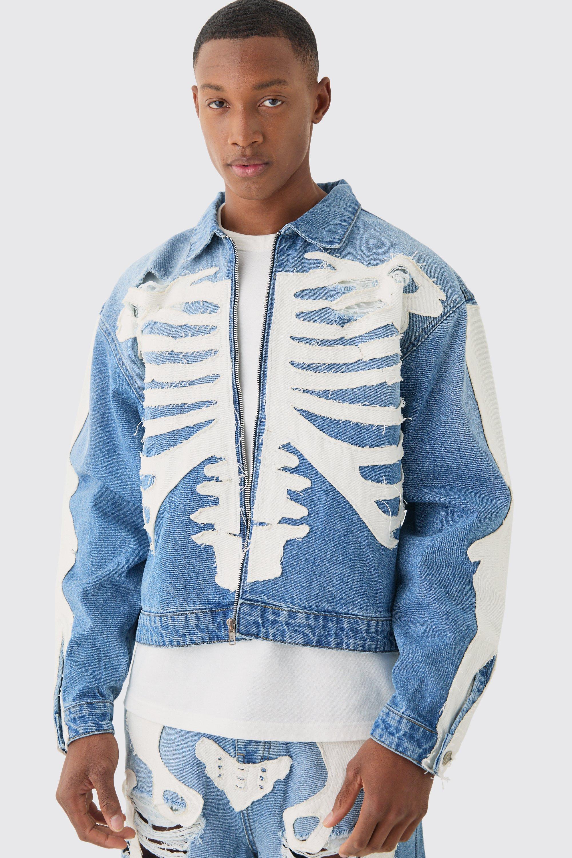 Image of Boxy Fit Skeleton Applique Distressed Denim Jacket In Light Blue, Azzurro