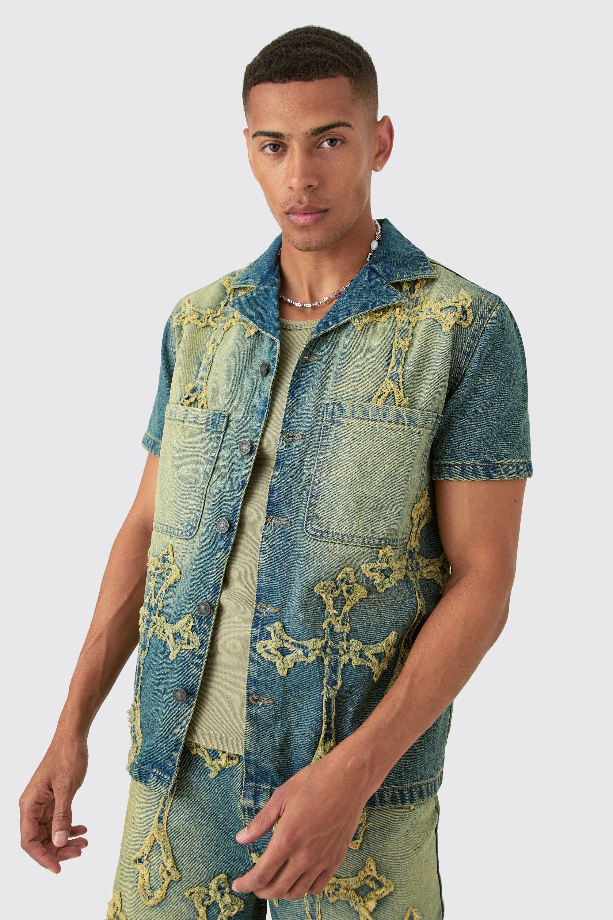 Mens Distressed Cross Applique Denim Revere Shirt In Green, Green