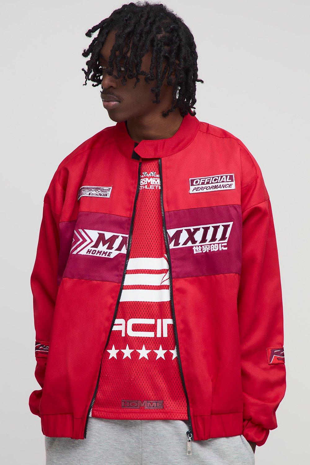 Mens Oversized Homme Twill Moto Jacket In Red, Red
