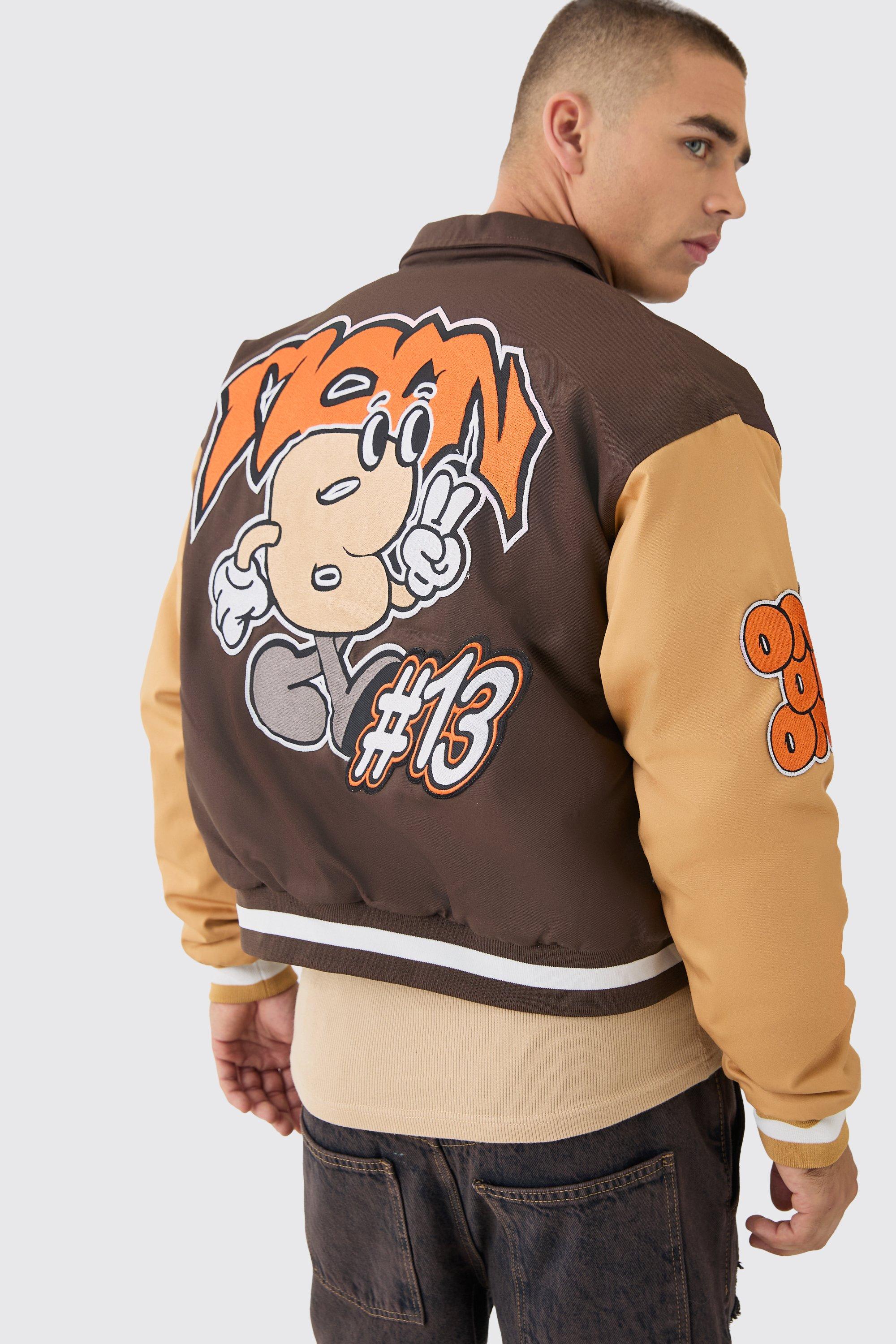Image of Boxy Twill Embroidered Collared Varsity Jacket In Brown, Brown