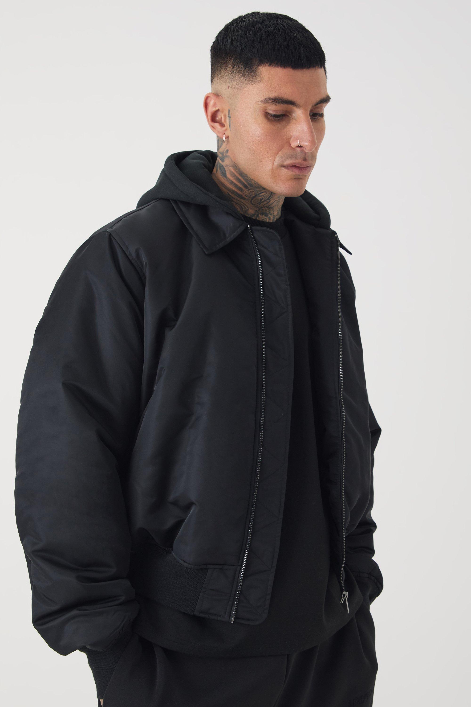 Mens Tall Collared Boxy Bomber Jacket With Jersey Hood In Black, Black