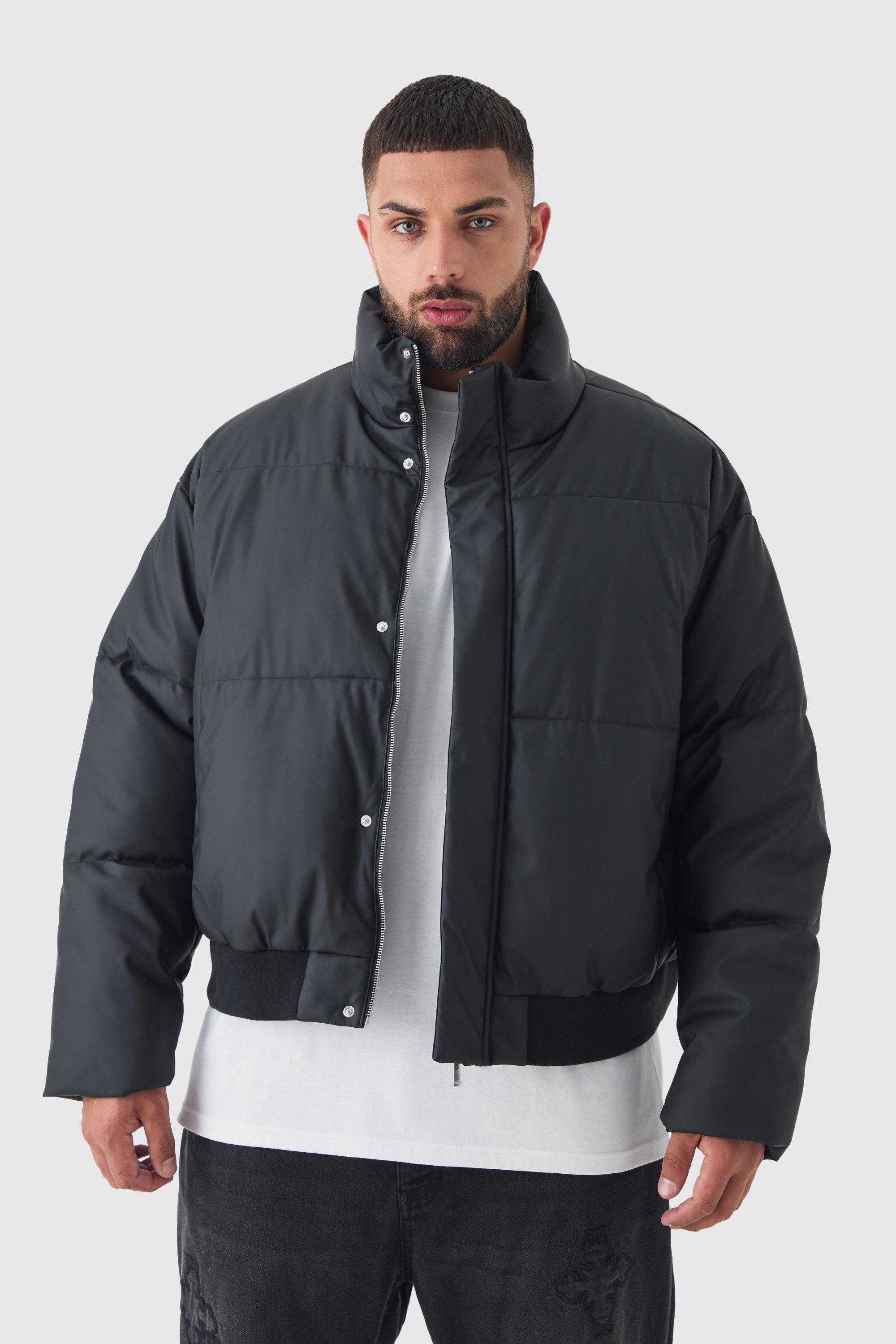 Mens Plus Matte PU Funnel Neck Puffer In Black, Black