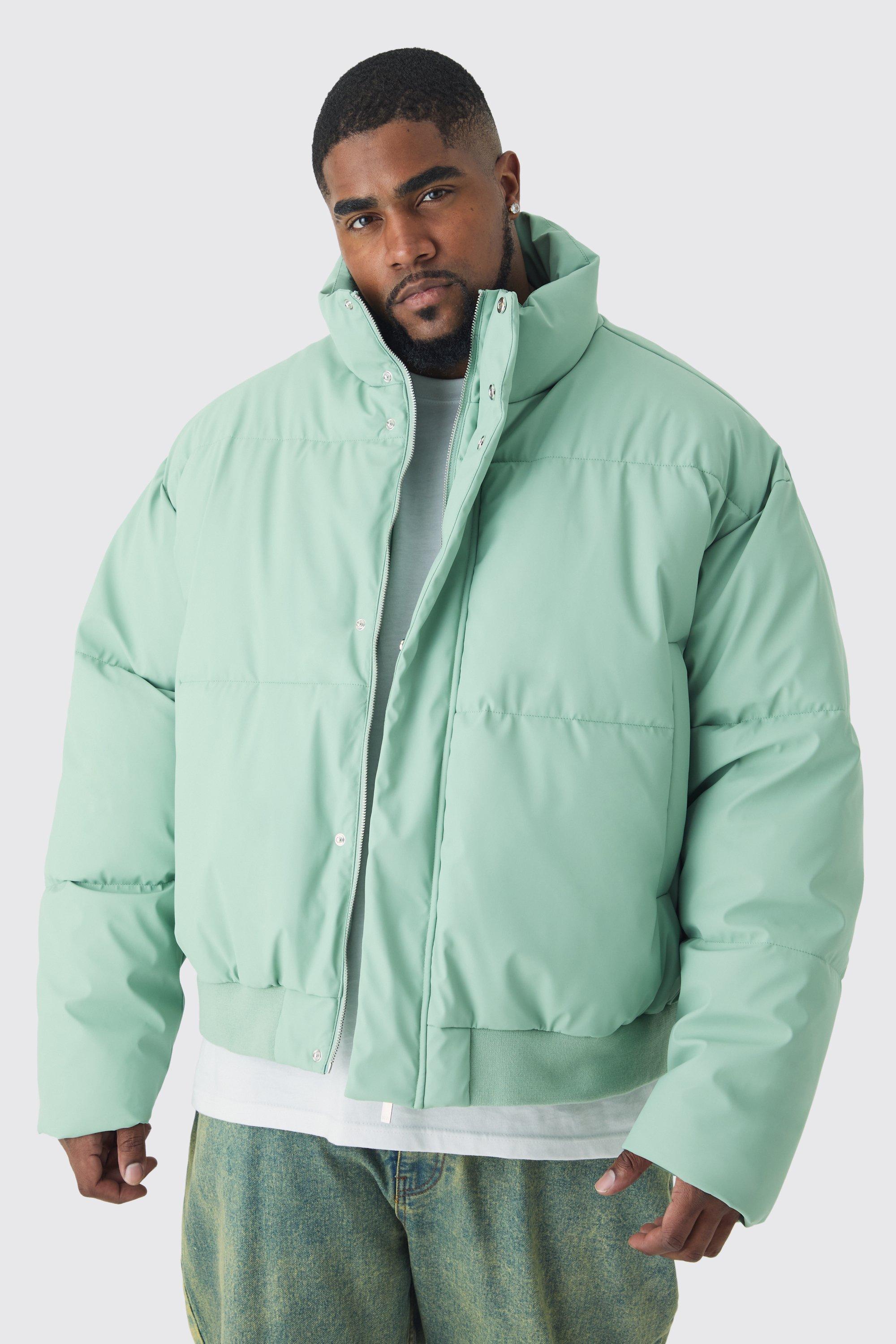 Mens Green Plus Matte Pu Funnel Neck Puffer In Sage, Green