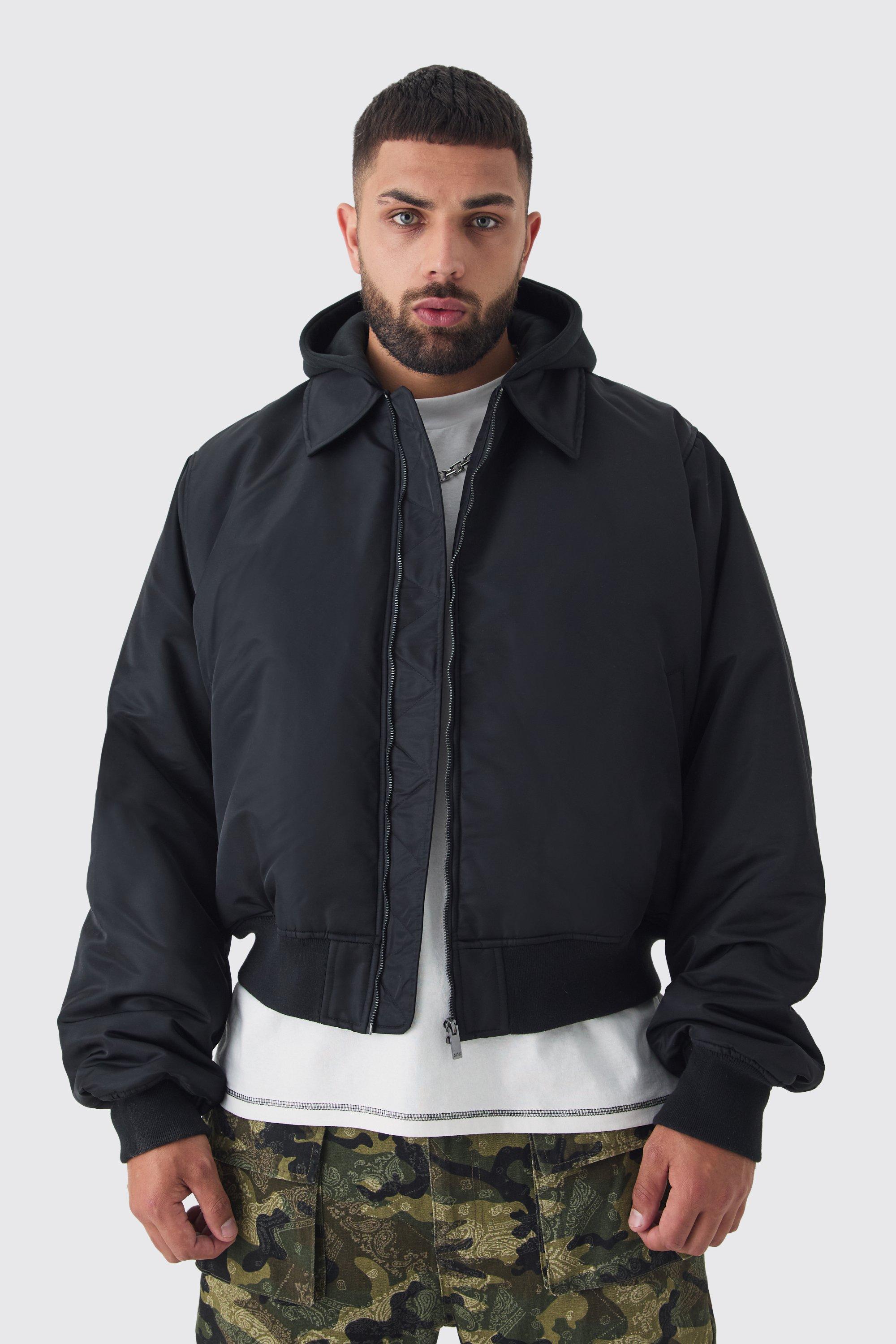 Mens Plus Collared Boxy Bomber Jacket With Jersey Hood In Black, Black