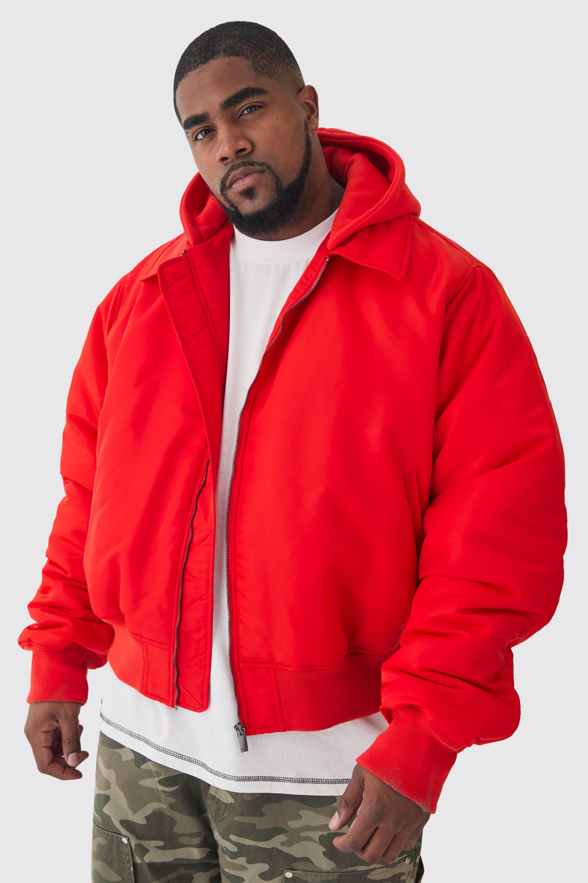 Mens Plus Collared Boxy Bomber Jacket With Jersey Hood In Red, Red